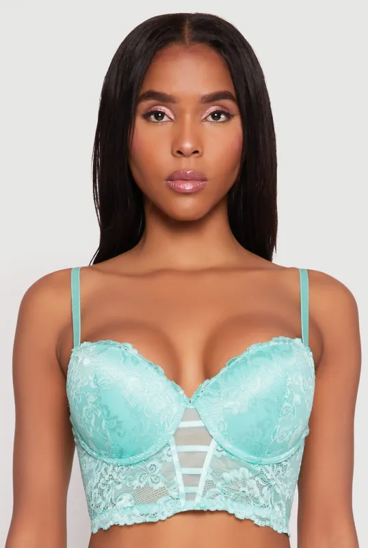 Floral Lace Caged Front Plunge Longline Bra sold by Rainbow