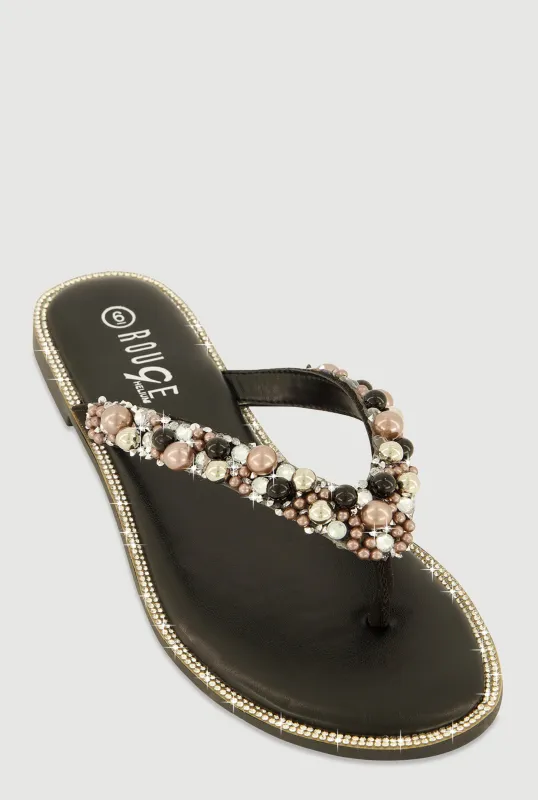 Faux Pearl Rhinestone Thong Slide Sandals sold by Rainbow
