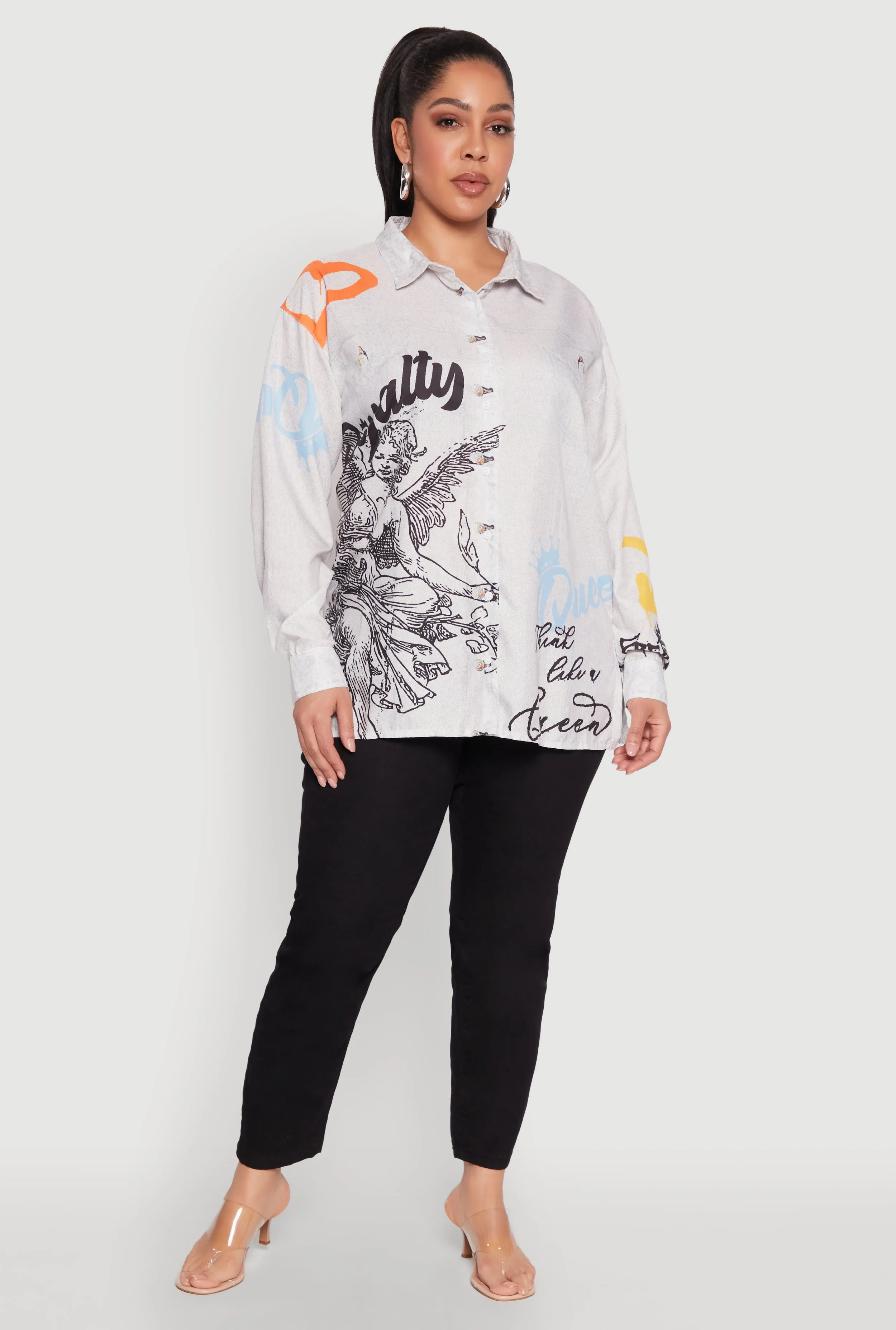 Plus Size Graffiti Denim Graphic Shirt sold by Rainbow