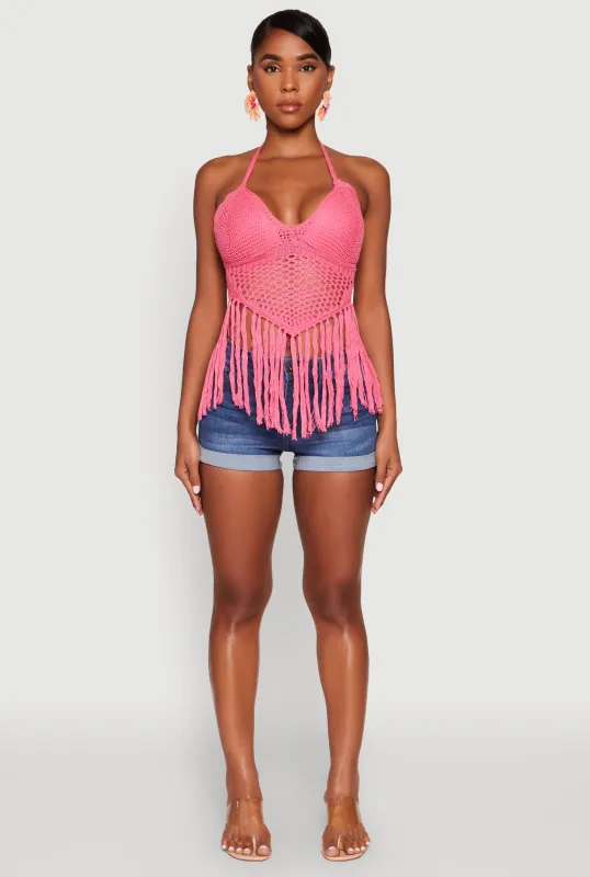 Tie Back Crochet Fringe Halter Top sold by Rainbow