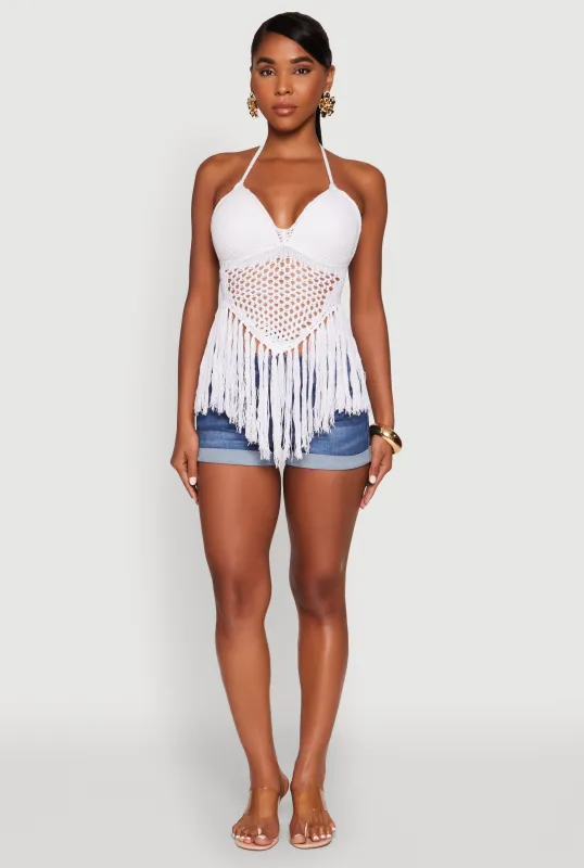 Tie Back Crochet Fringe Halter Top sold by Rainbow