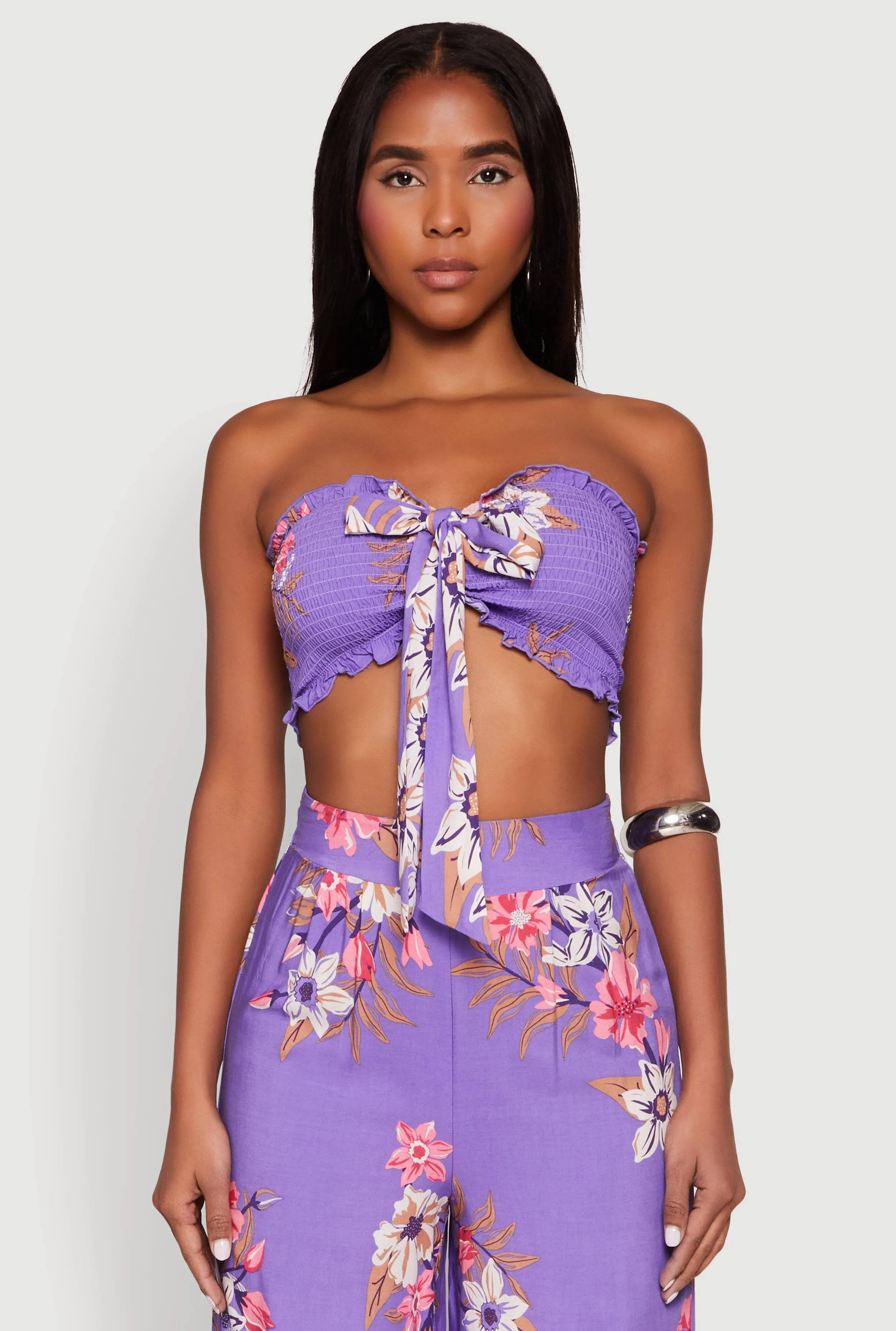 Floral Smocked Tie Front Tube Top sold by Rainbow