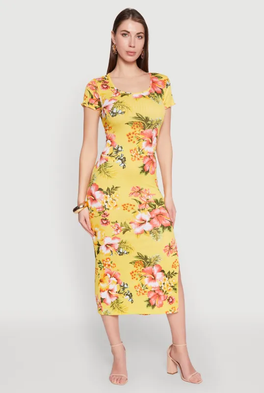 Short Sleeve Rib Knit Floral Midi Dress sold by Rainbow