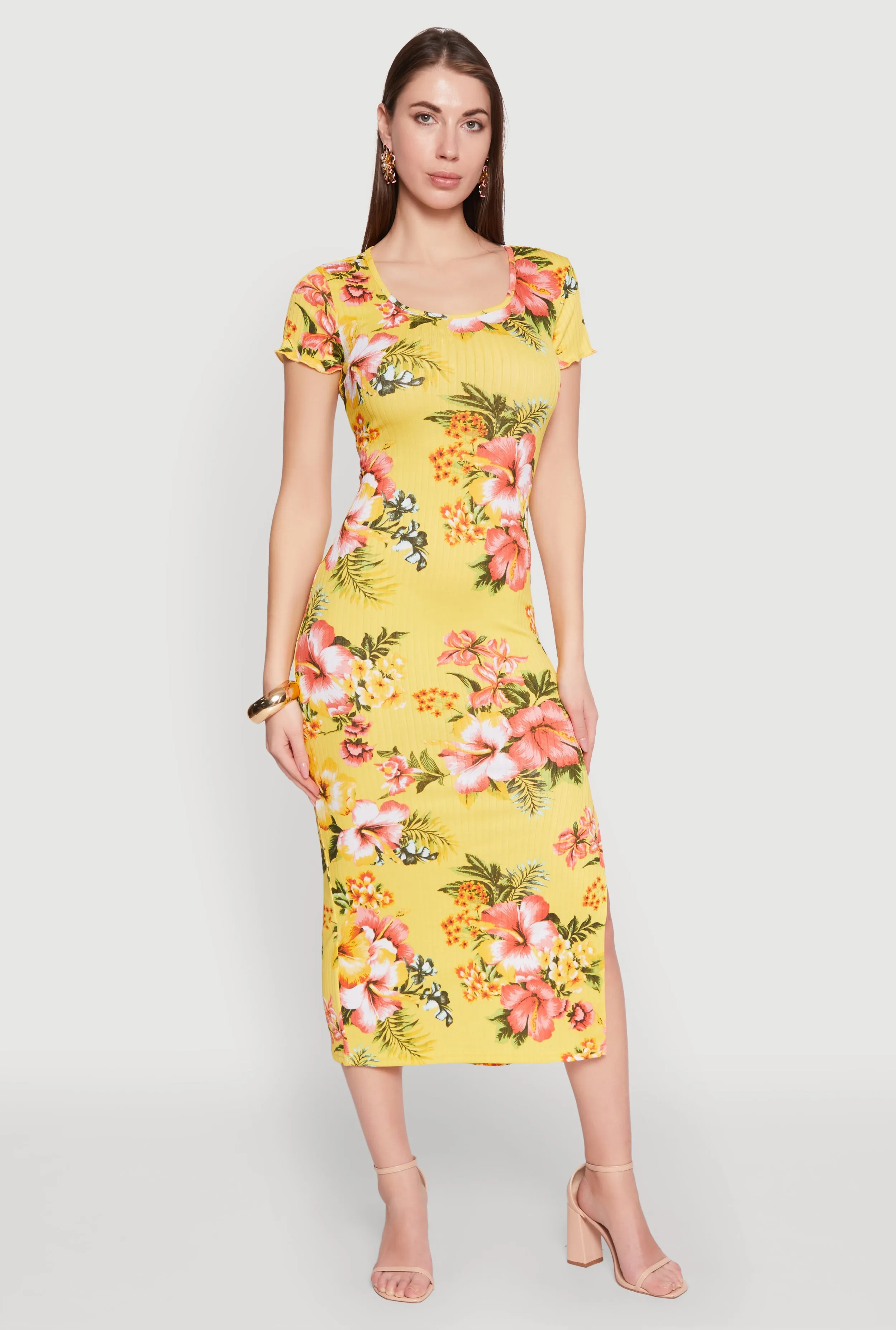 Short Sleeve Rib Knit Floral Midi Dress sold by Rainbow