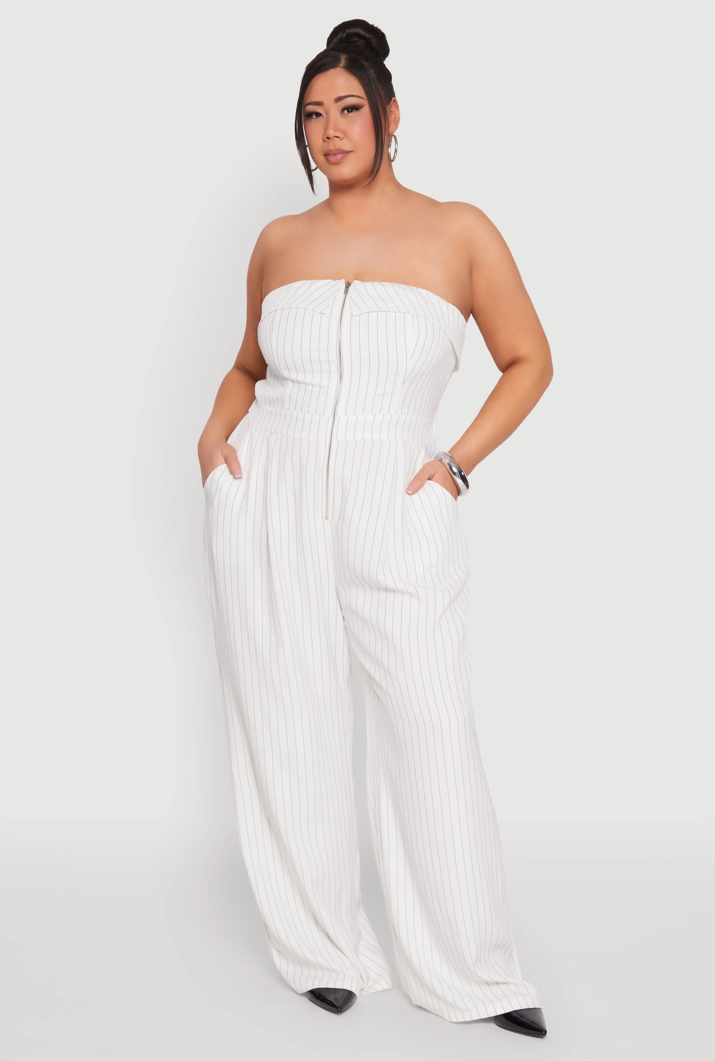 Plus Size Pinstripe Zip Front Jumpsuit sold by Rainbow