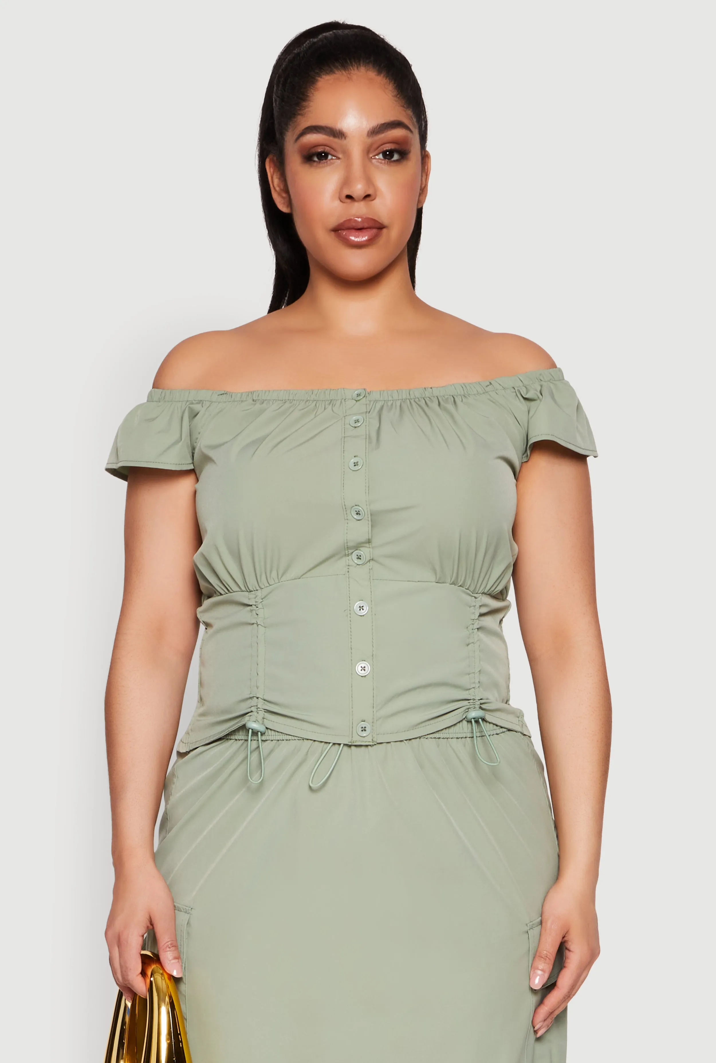 Plus Size Nylon Toggle Drawstring Off the Shoulder Top sold by Rainbow