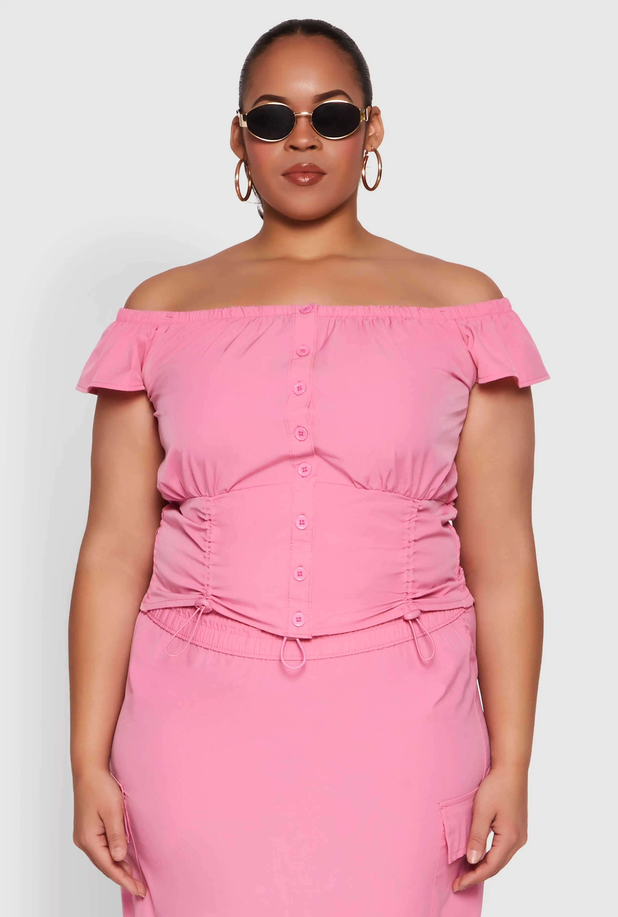 Plus Size Nylon Drawstring Off the Shoulder Top sold by Rainbow