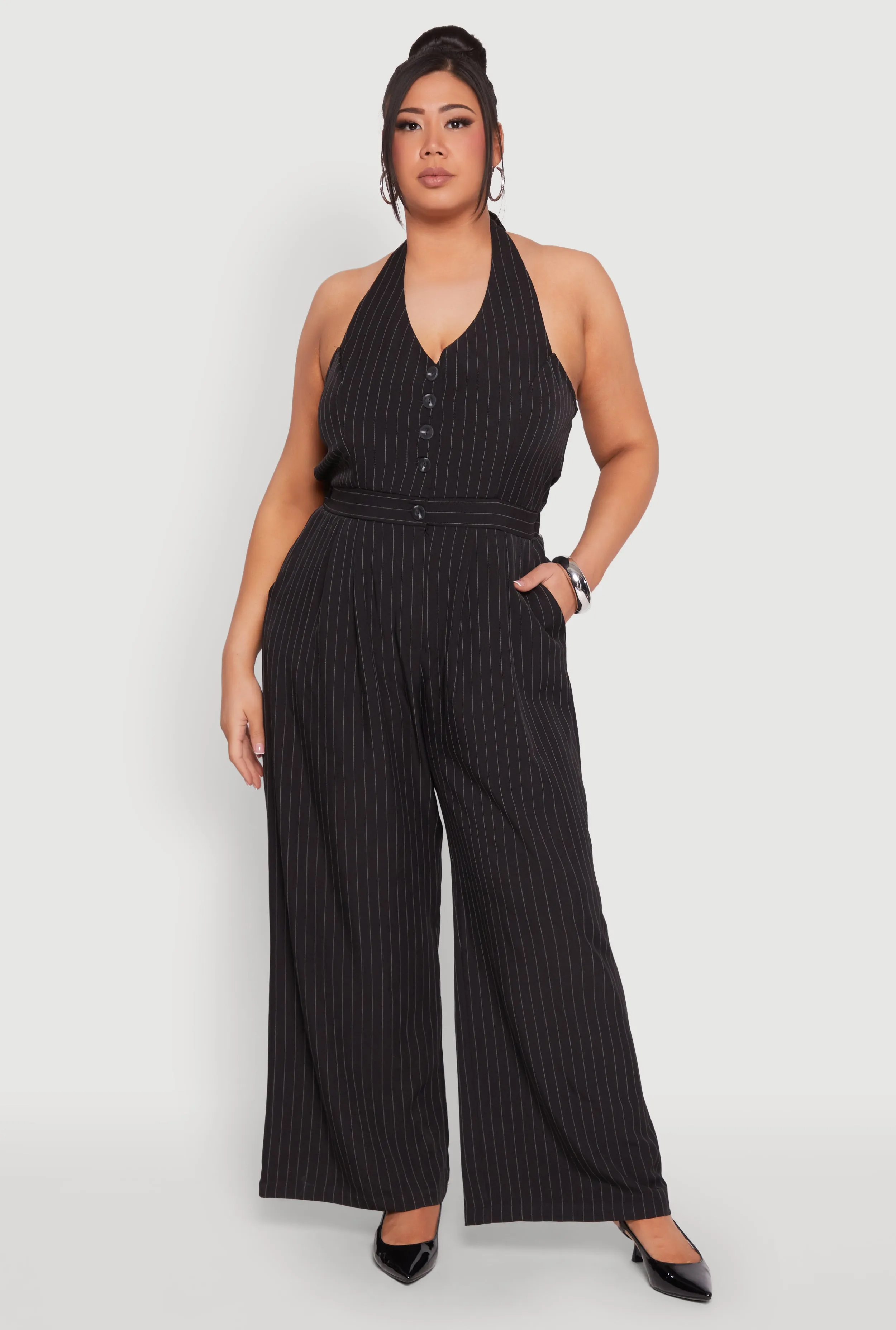 Plus Size Pinstripe Halter Wide Leg Jumpsuit sold by Rainbow