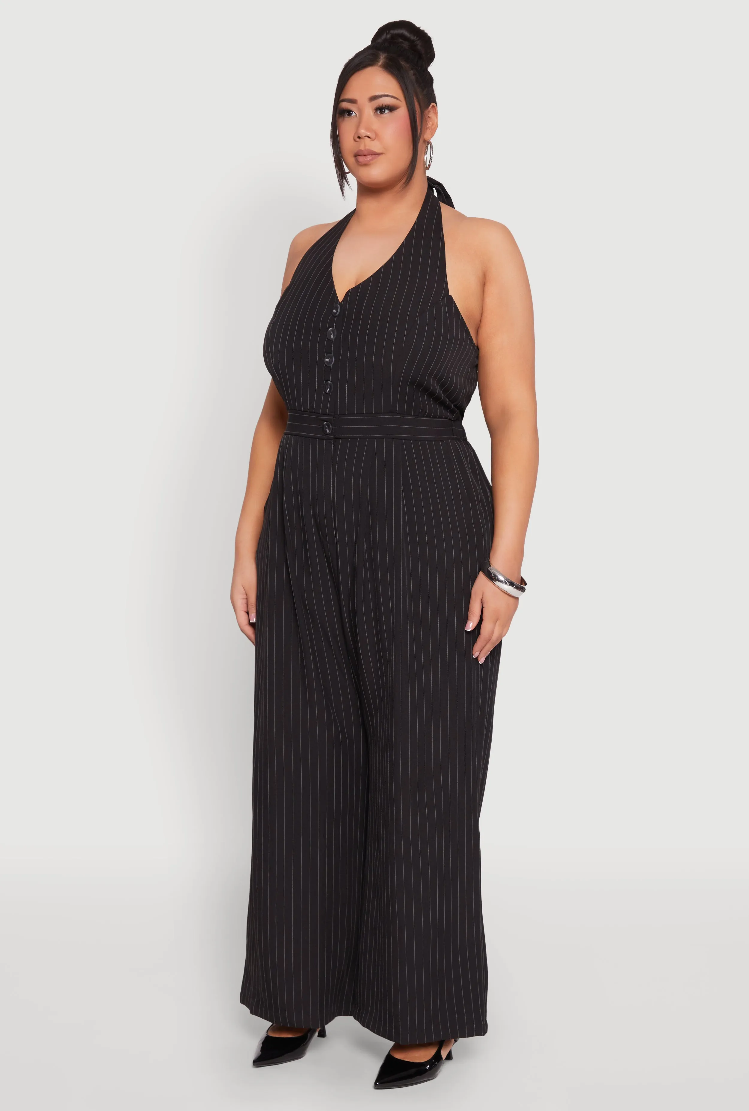 Plus Size Pinstripe Halter Wide Leg Jumpsuit sold by Rainbow product image thumbnail 3