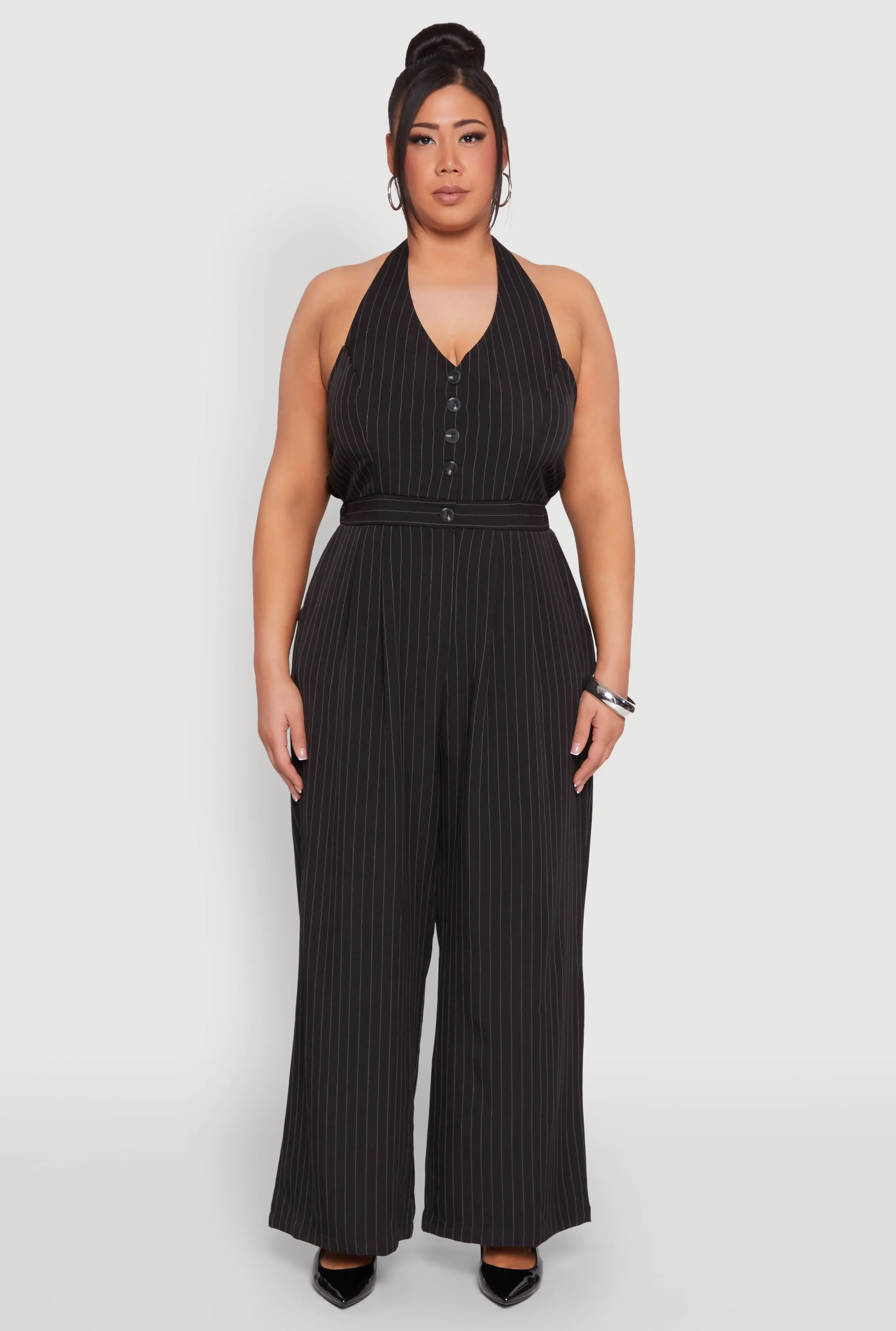 Plus Size Pinstripe Halter Wide Leg Jumpsuit sold by Rainbow product image thumbnail 2
