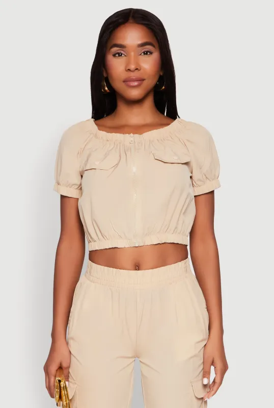 Puff Sleeve Zip Front Crop Top sold by Rainbow