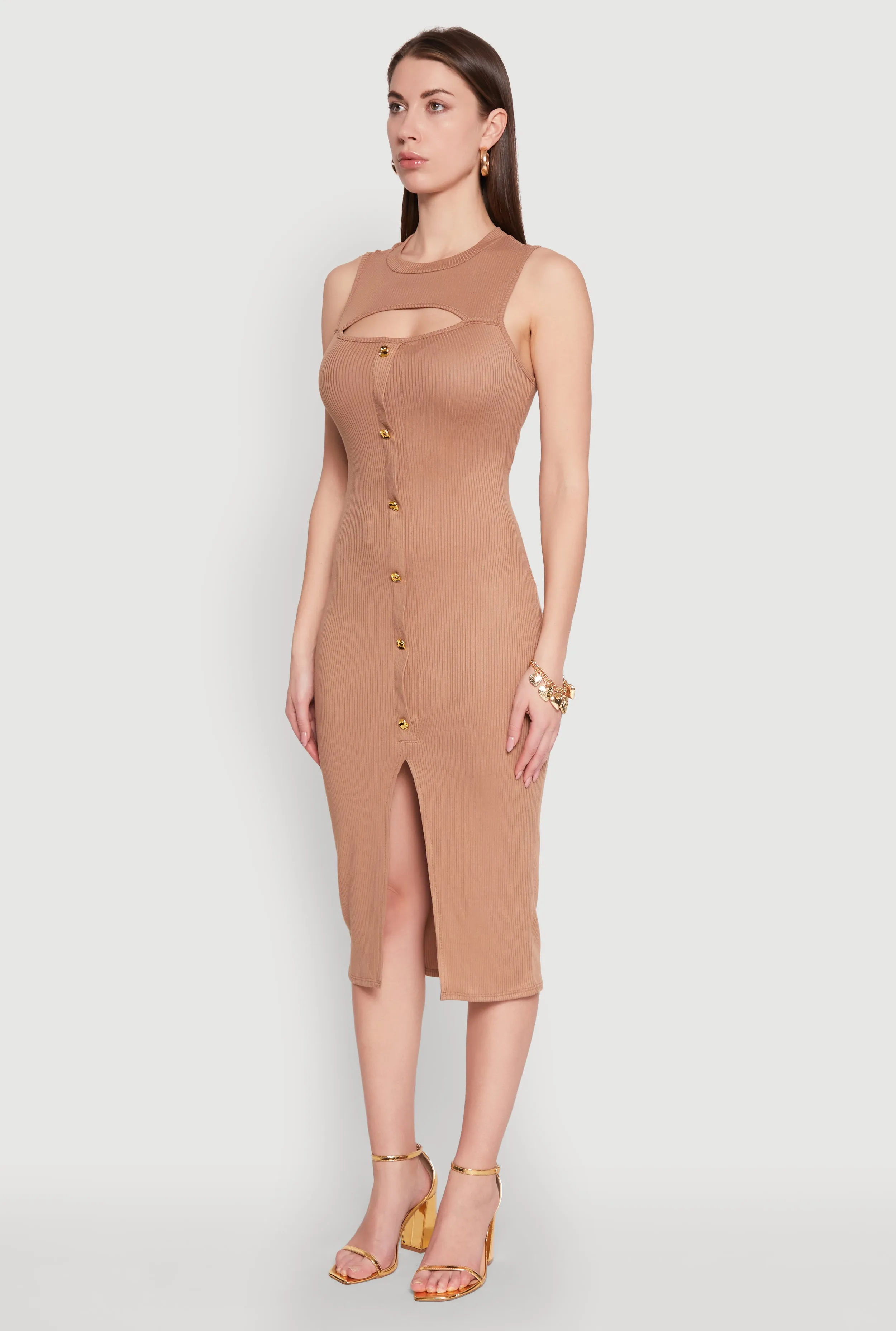 Rib Knit Slit Front Keyhole Midi Dress sold by Rainbow product image thumbnail 3