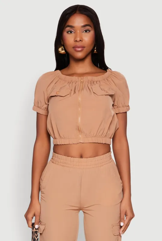 Zip Front Bubble Sleeve Crop Top sold by Rainbow