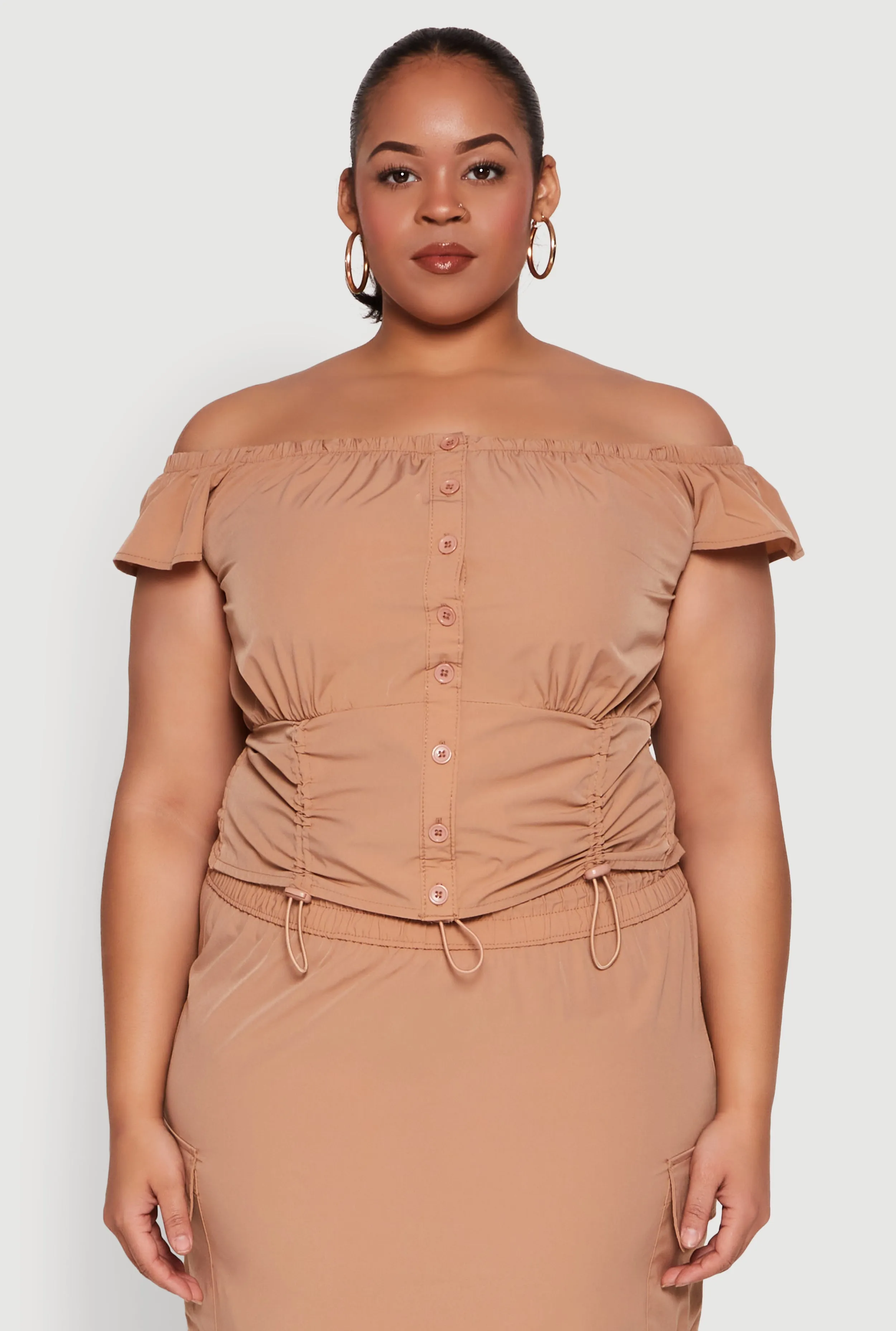 Plus Size Nylon Toggle Drawstring Off the Shoulder Top sold by Rainbow