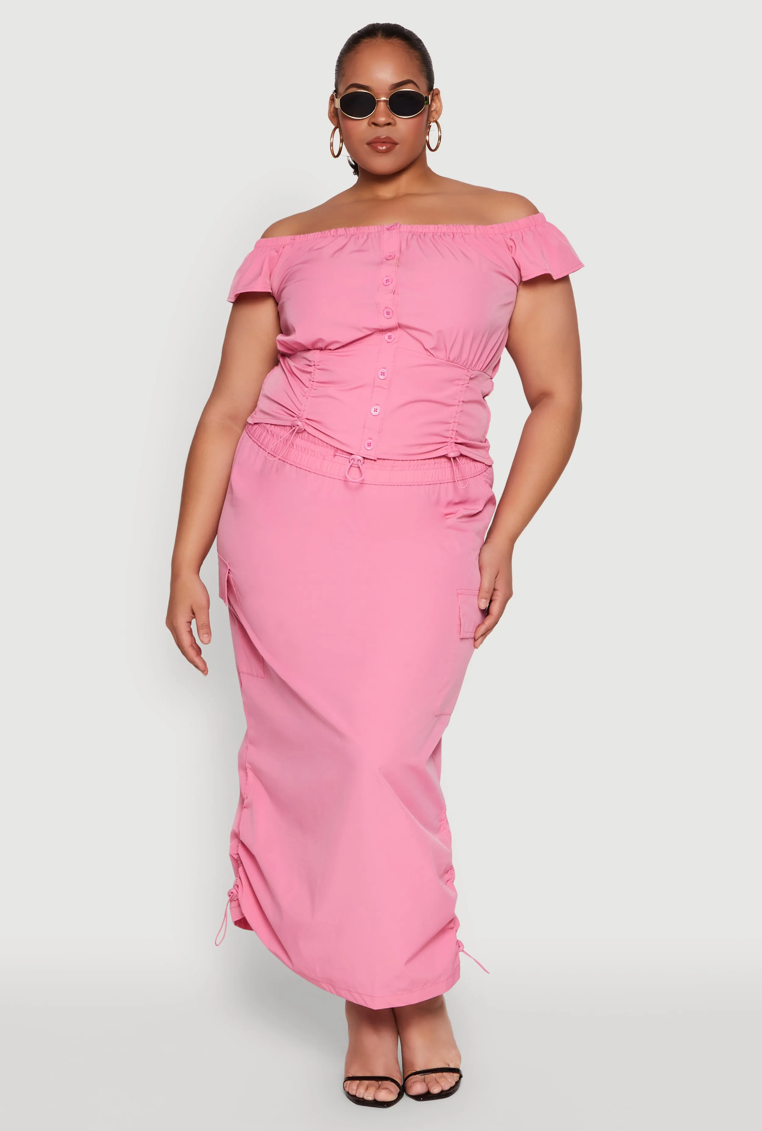 Plus Size Nylon Drawstring Cargo Maxi Skirt sold by Rainbow