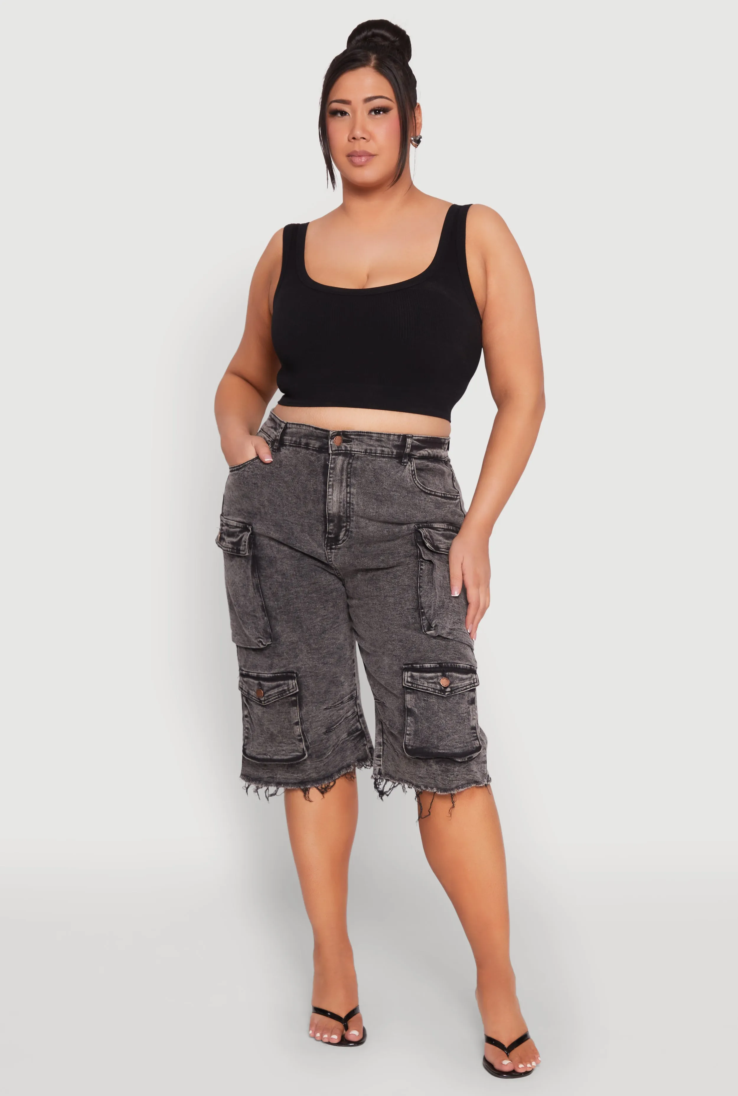 Plus Size Frayed Hem Cargo Bermuda Shorts sold by Rainbow