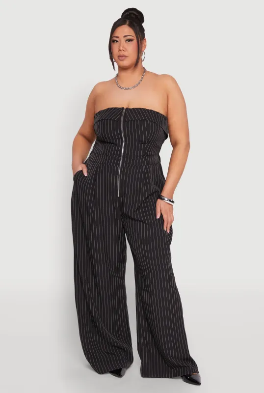 Plus Size Pinstripe Zip Front Jumpsuit sold by Rainbow