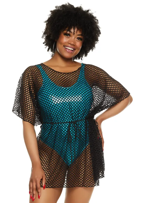 Fishnet Tie Waist Belted Cover Up Top made by Rainbow