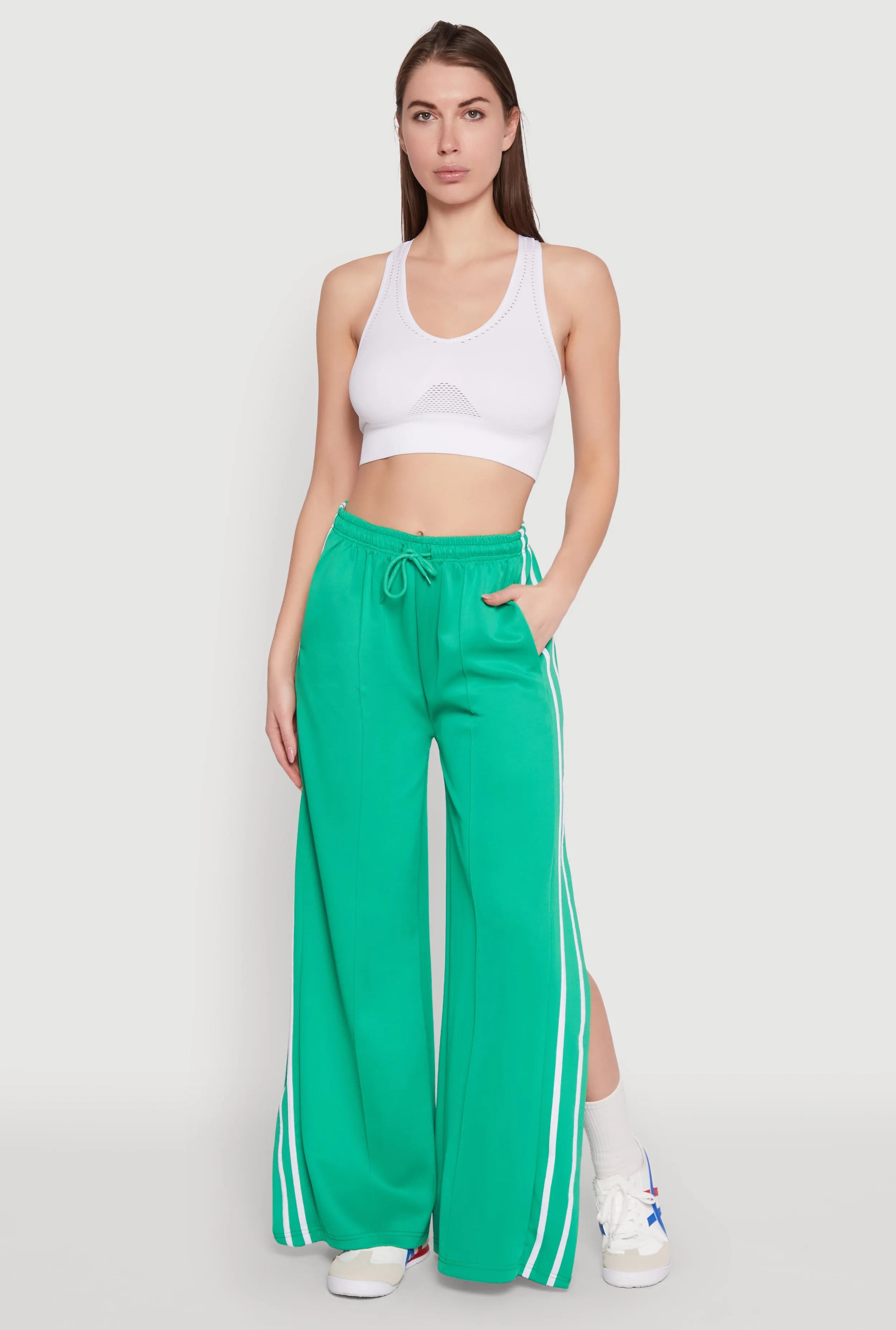 Pintuck Varsity Stripe Side Slit Pants sold by Rainbow