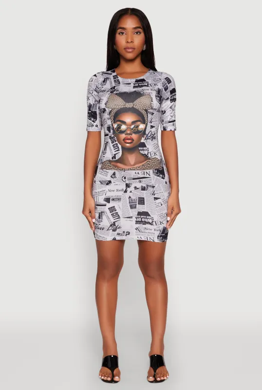 Newspaper Girl Graphic Print Dress sold by Rainbow