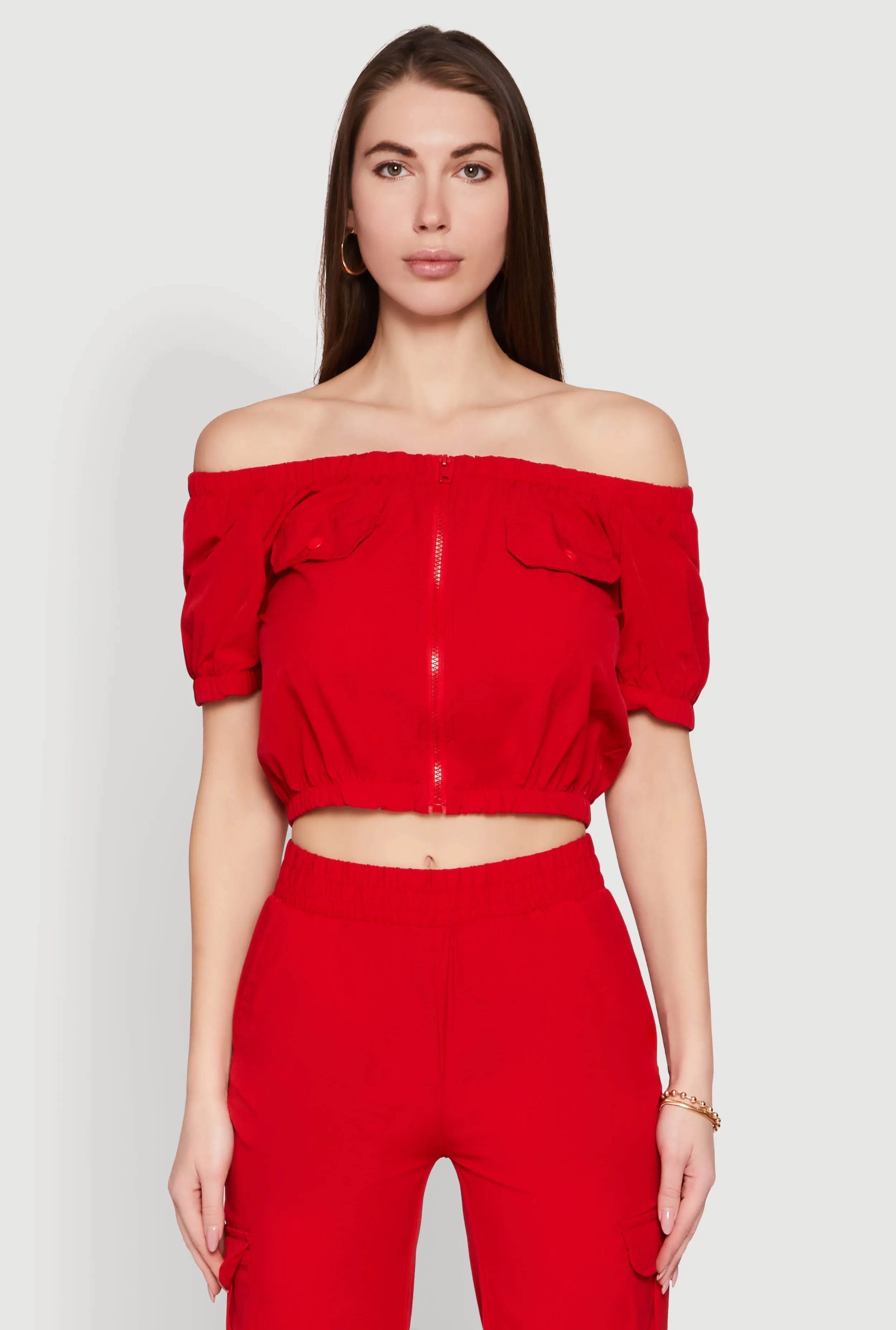 Zip Front Bubble Sleeve Crop Top sold by Rainbow