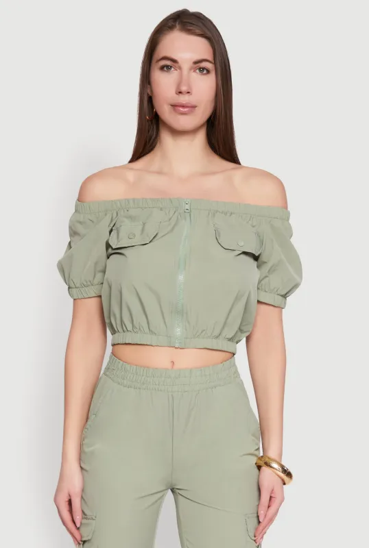 Zip Front Bubble Sleeve Crop Top sold by Rainbow
