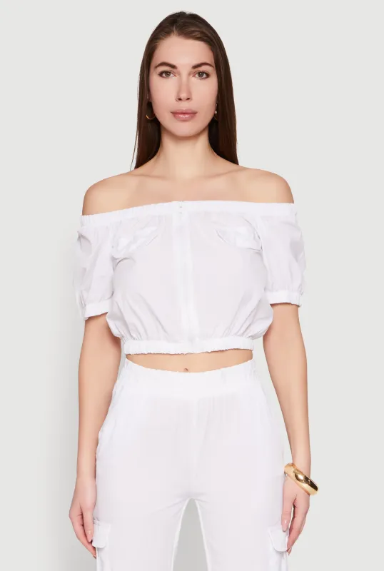Zip Front Bubble Sleeve Crop Top sold by Rainbow