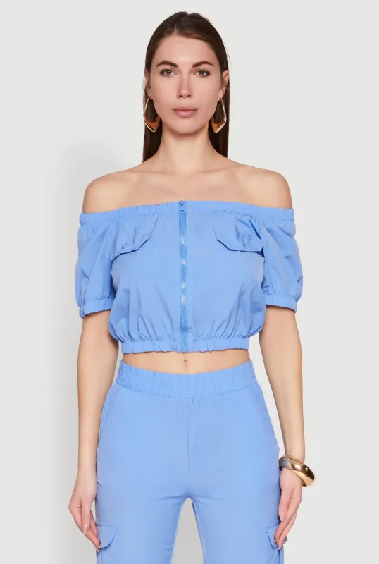 Puff Sleeve Zip Front Crop Top sold by Rainbow