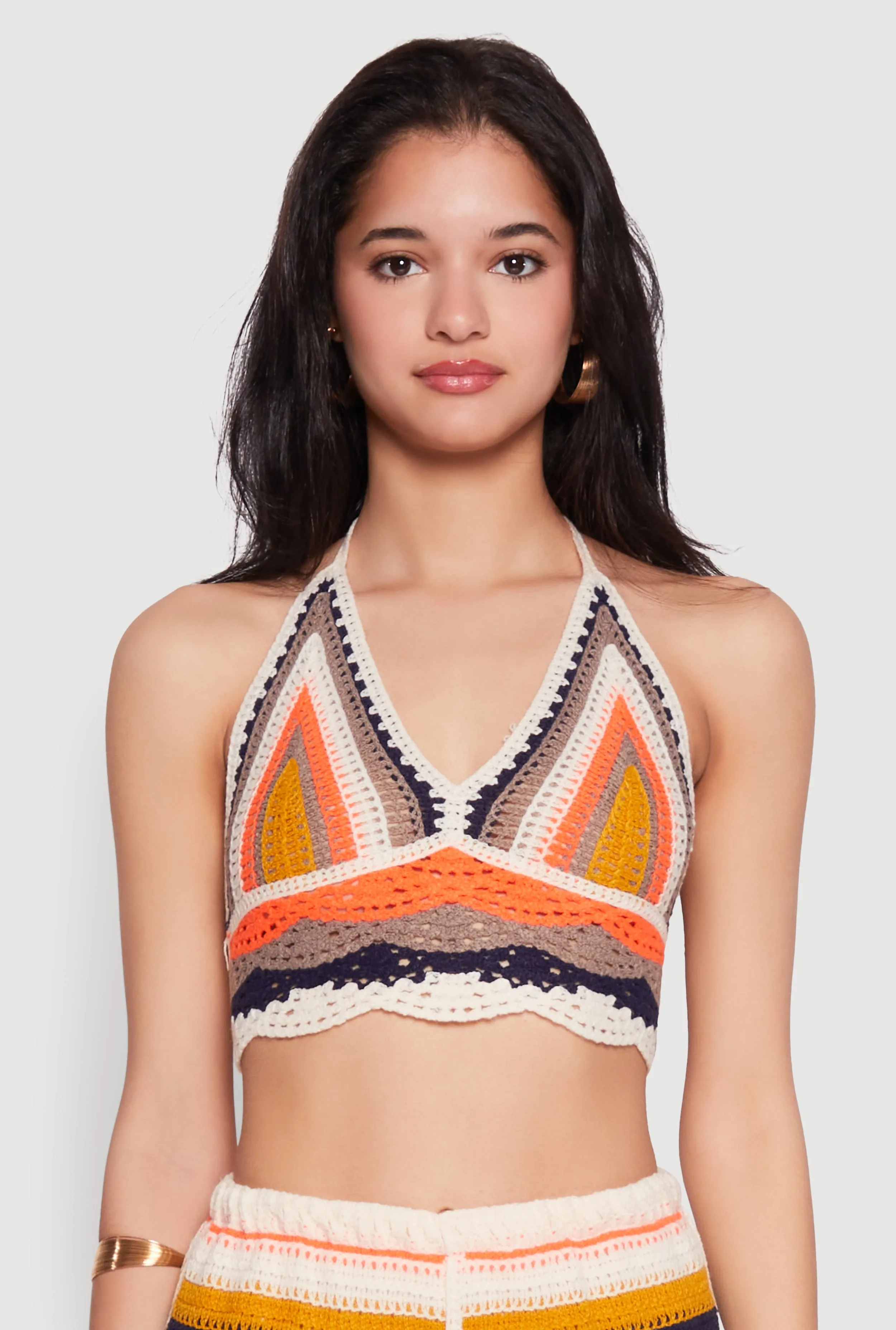 Crochet V Neck Striped Cop Top sold by Rainbow