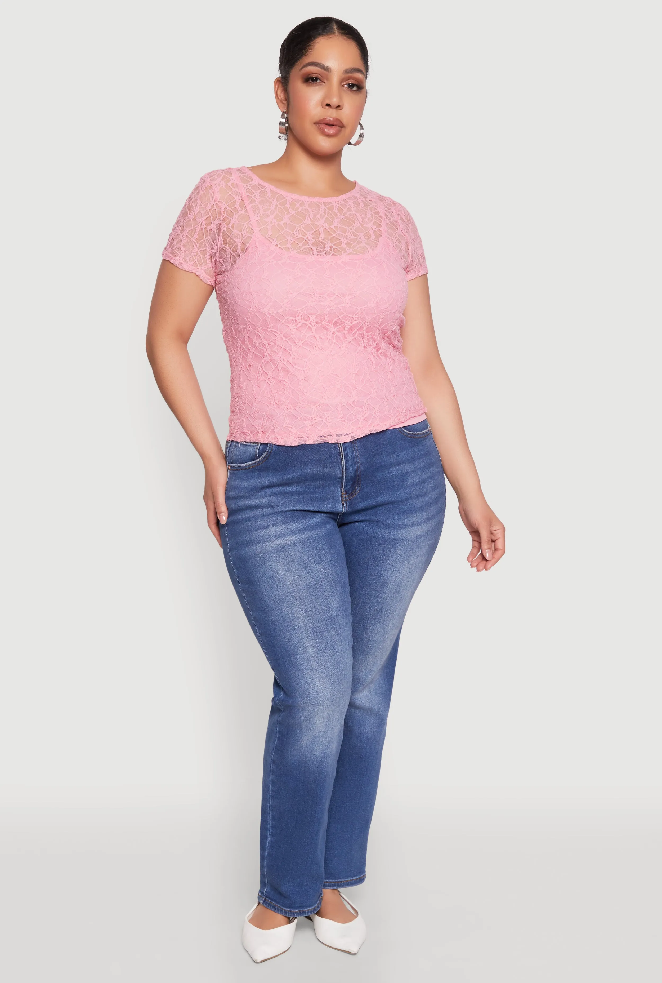 Plus Size Lace Lined Crew Neck Top sold by Rainbow