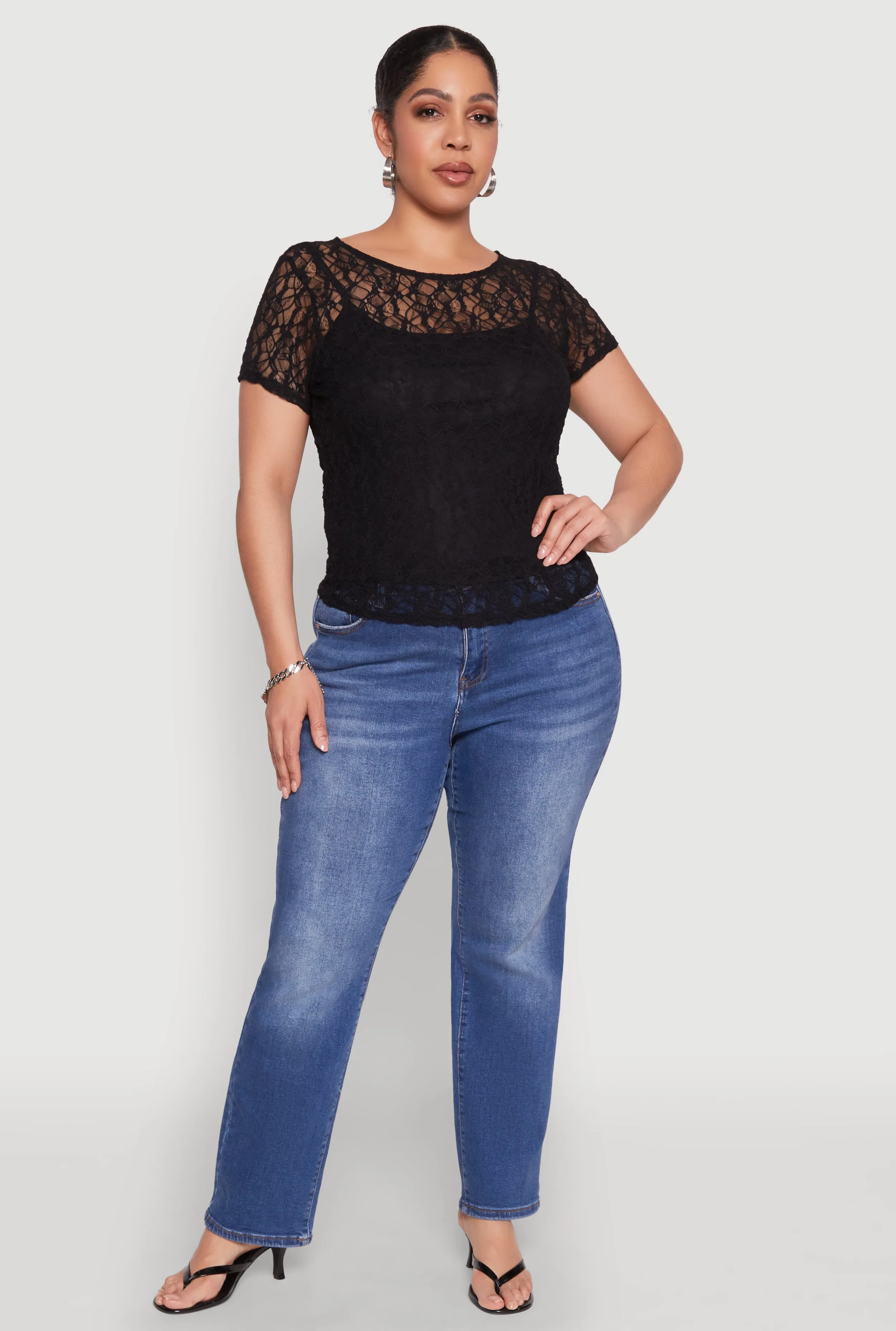 Plus Size Lace Lined Crew Neck Top sold by Rainbow