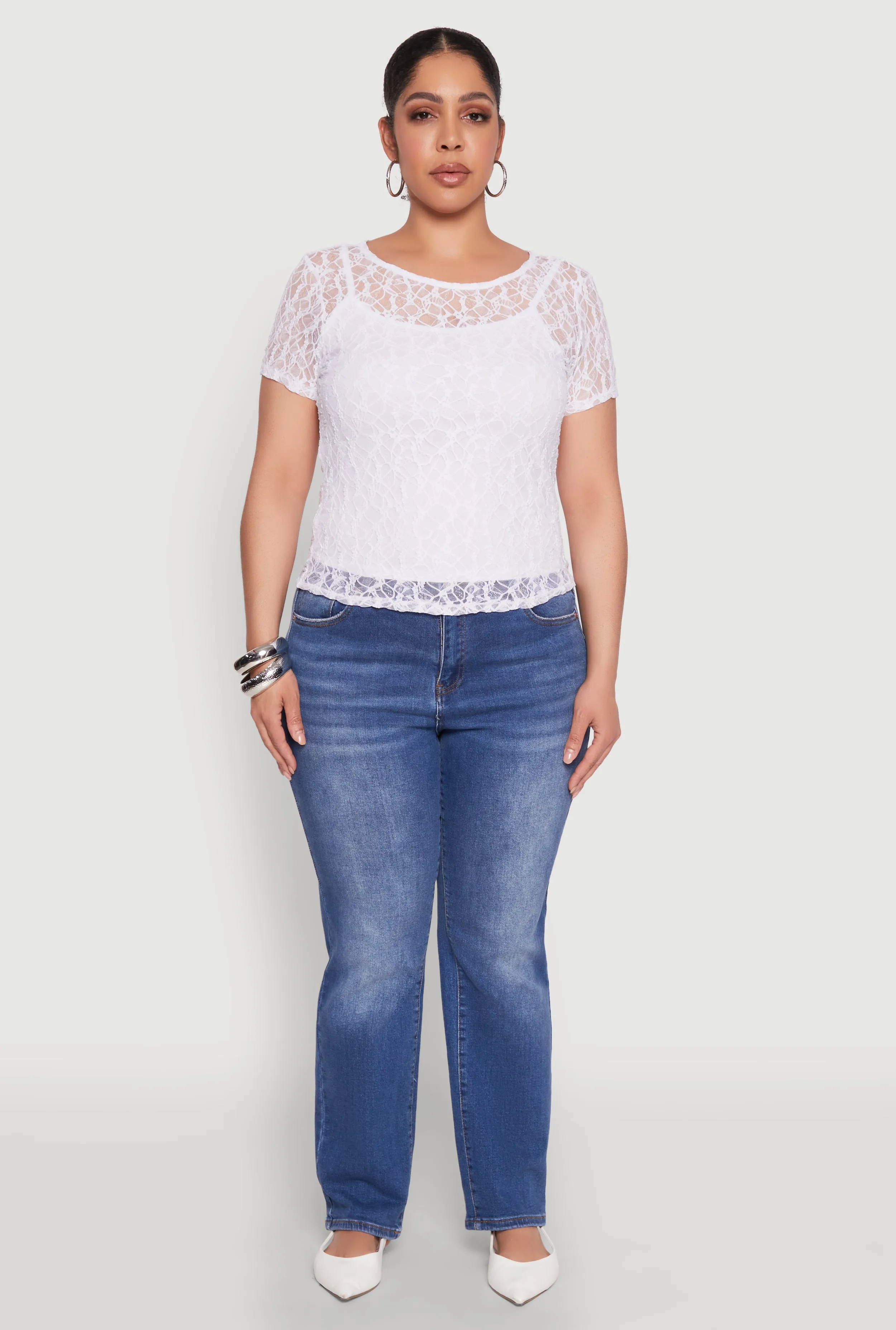 Plus Size Lace Lined Crew Neck Top sold by Rainbow