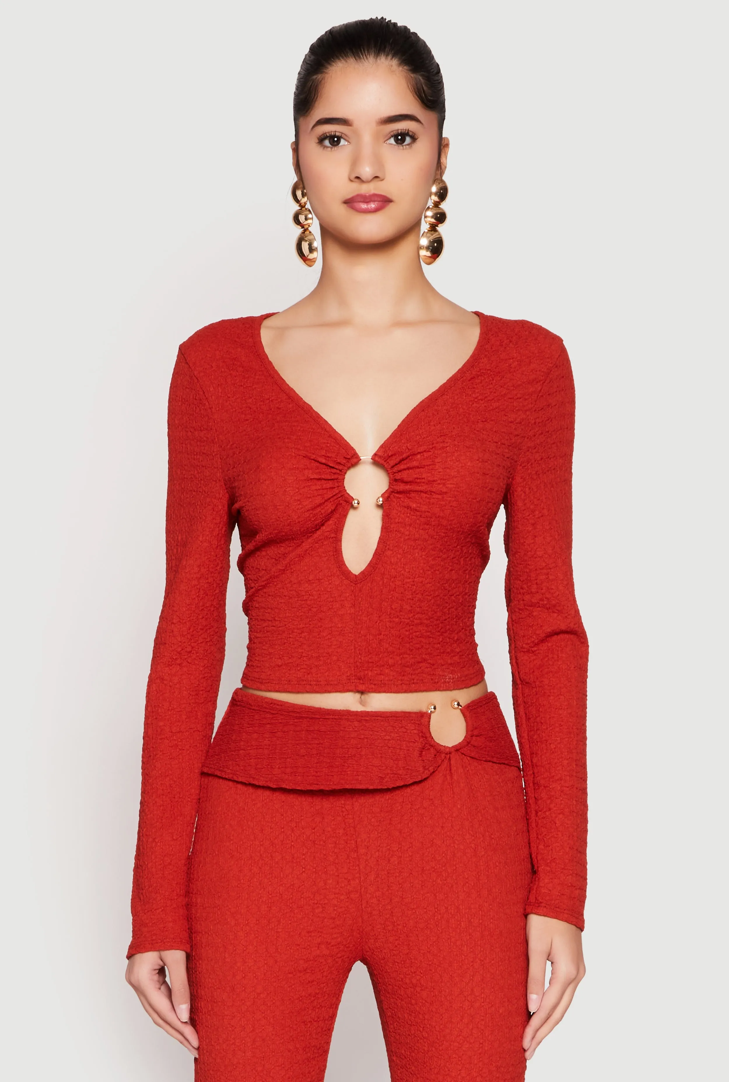 Textured Knit O Ring Keyhole Crop Top sold by Rainbow