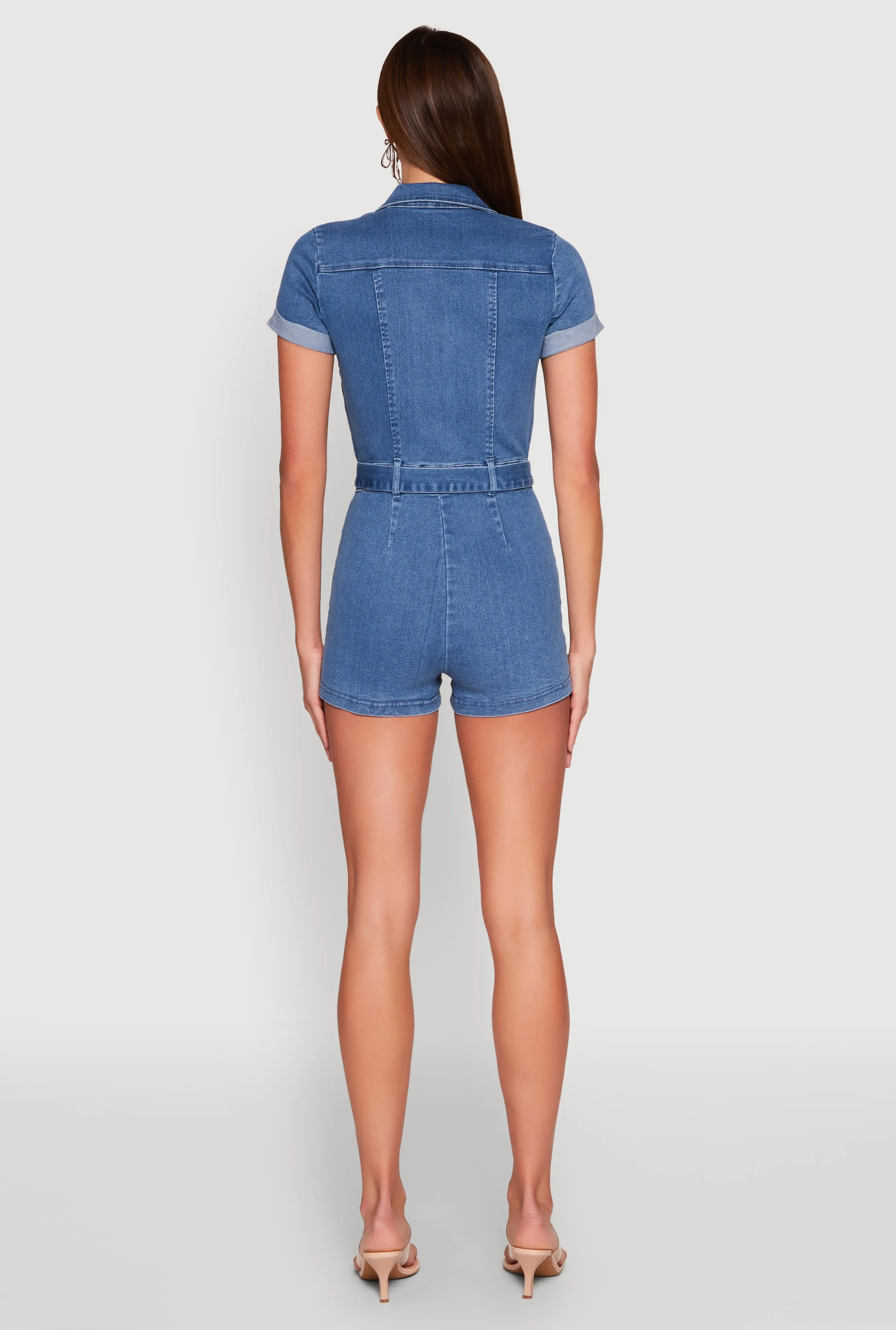 Haute Monde Zip Front Tie Waist Belted Denim Romper sold by Rainbow product image thumbnail 5