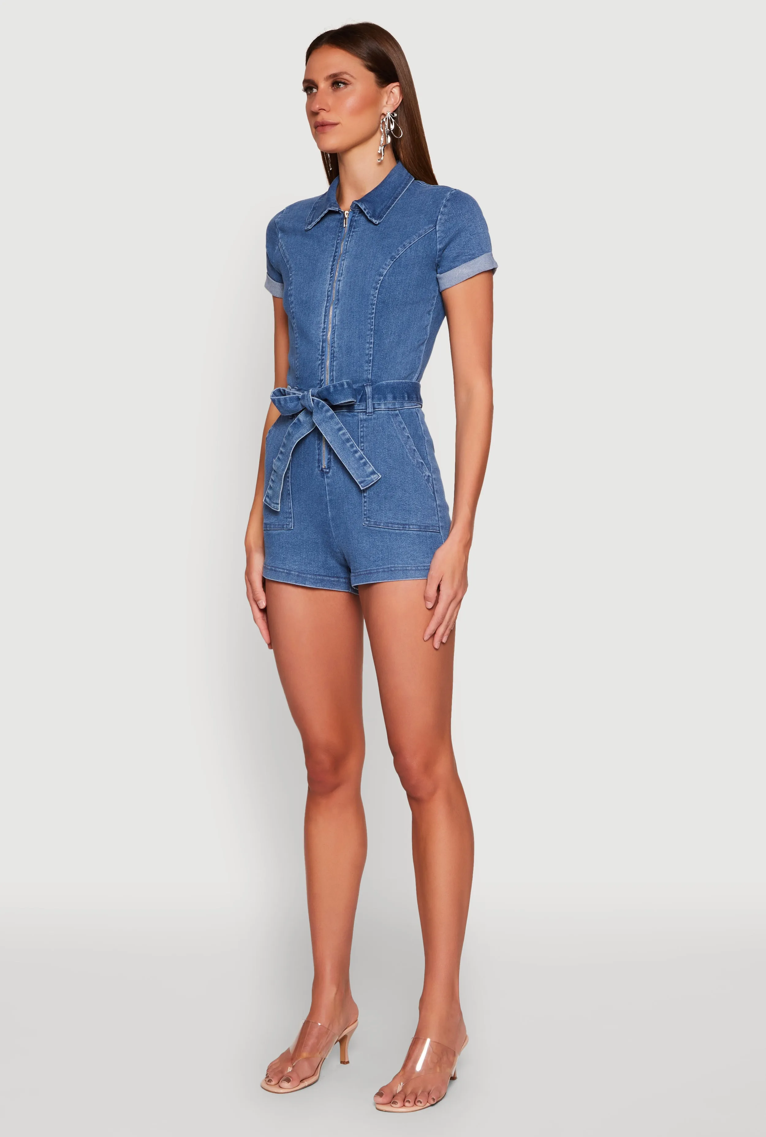 Haute Monde Zip Front Tie Waist Belted Denim Romper sold by Rainbow product image thumbnail 3