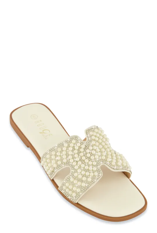 Rhinestone Faux Pearl H Band Slide Sandals sold by Rainbow
