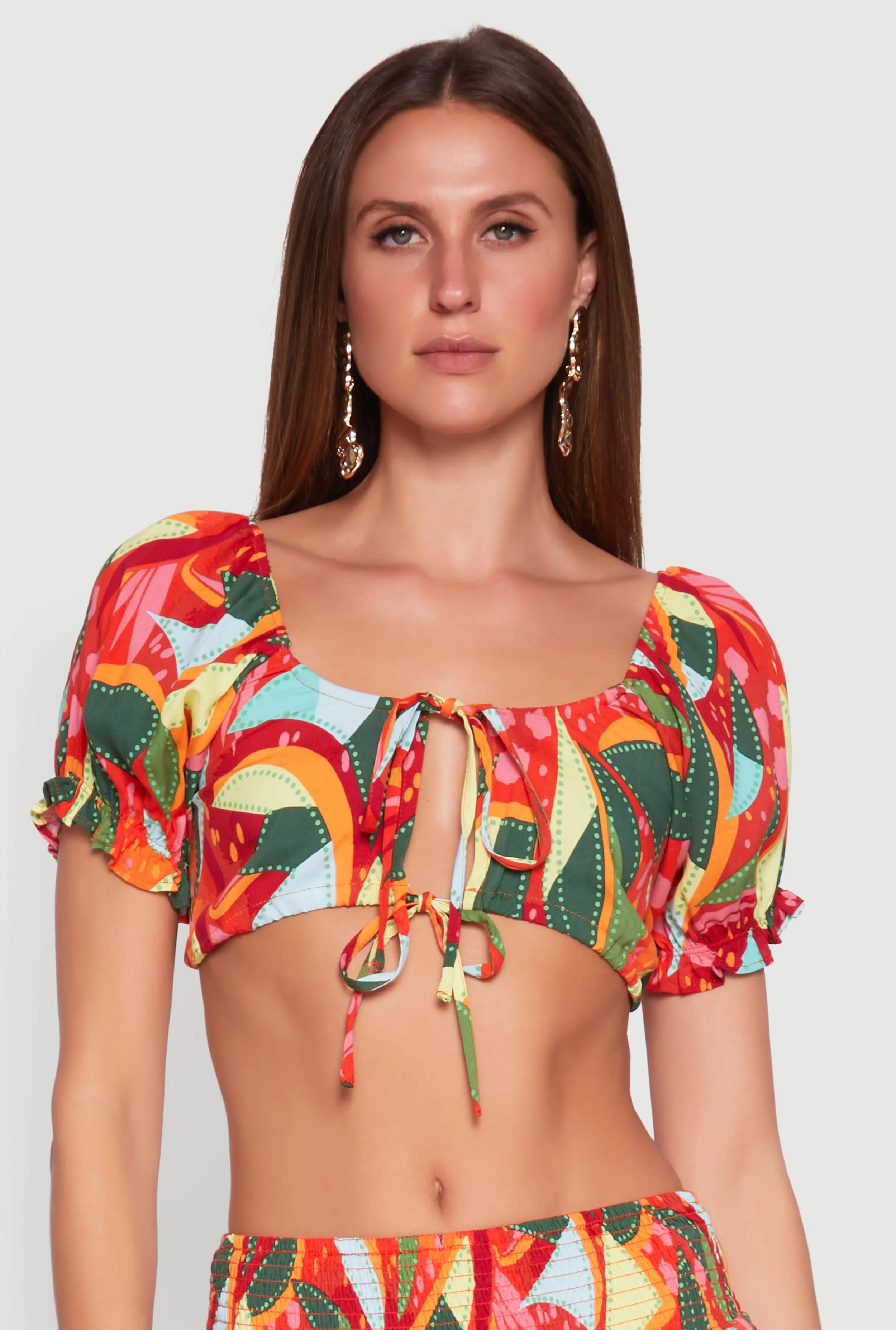 Abstract Print Drawstring Keyhole Crop Top sold by Rainbow
