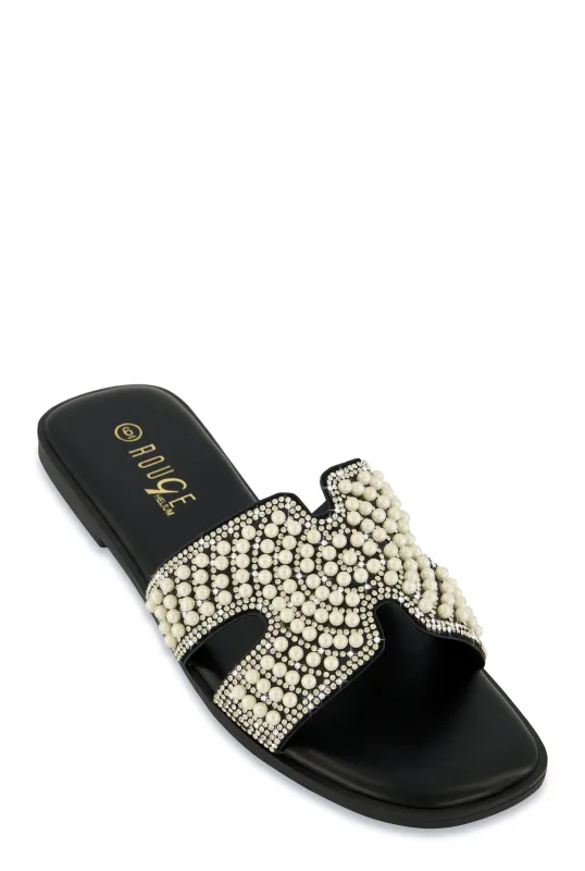 Rhinestone Faux Pearl H Band Slide Sandals sold by Rainbow