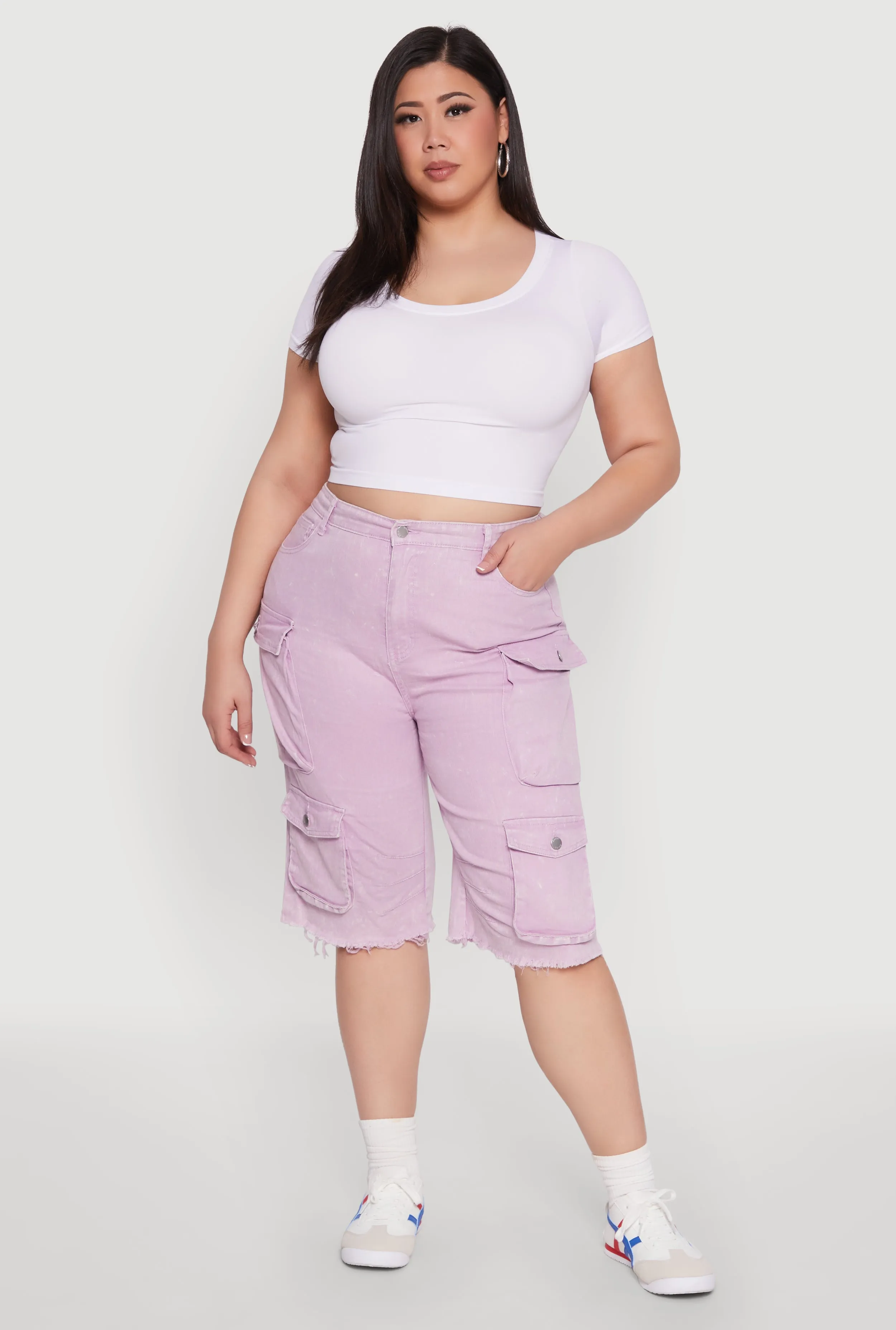 Plus Size Daisy Acid Wash Cargo Bermuda Shorts sold by Rainbow