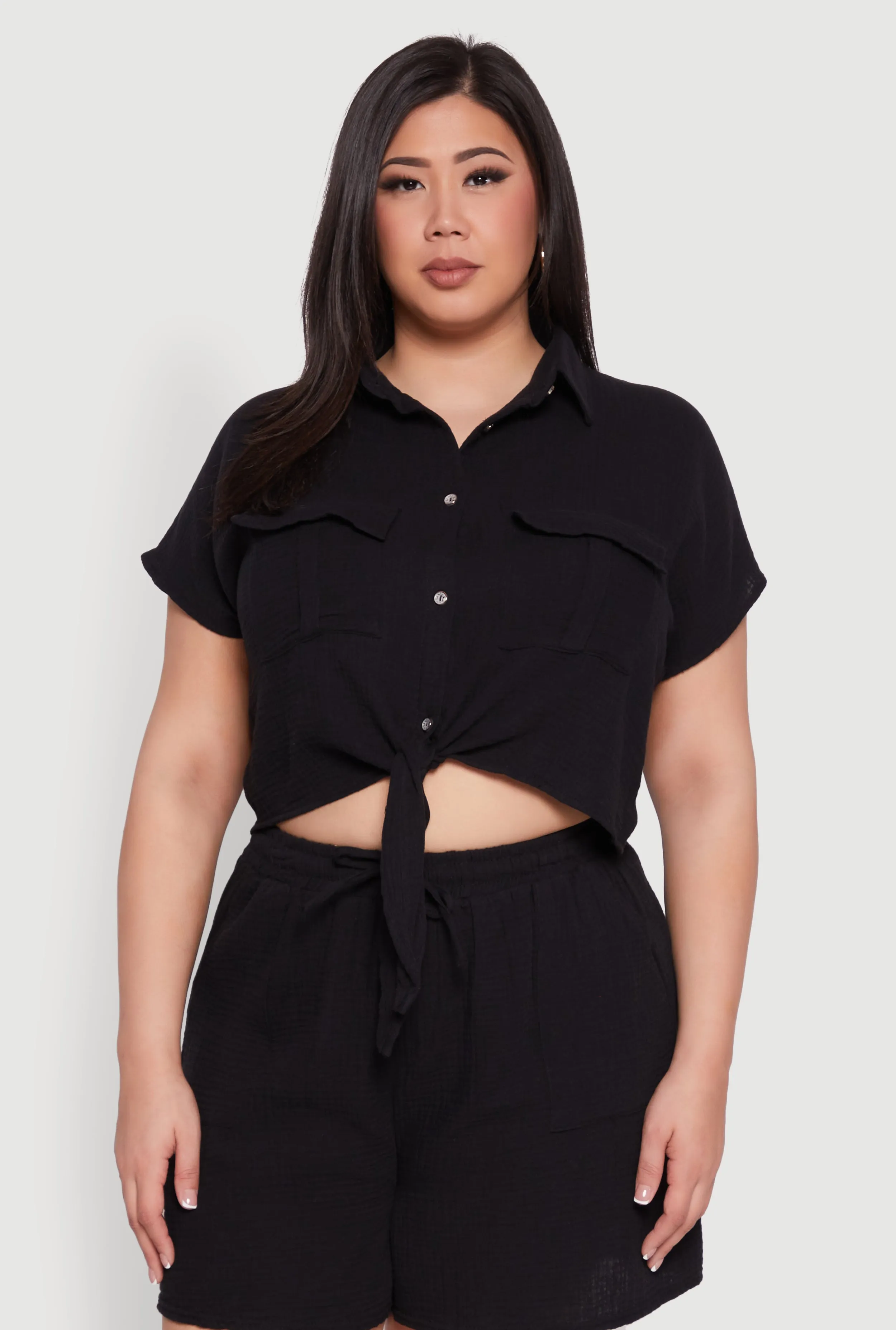 Plus Size Gauze Knit Tie Front Top sold by Rainbow