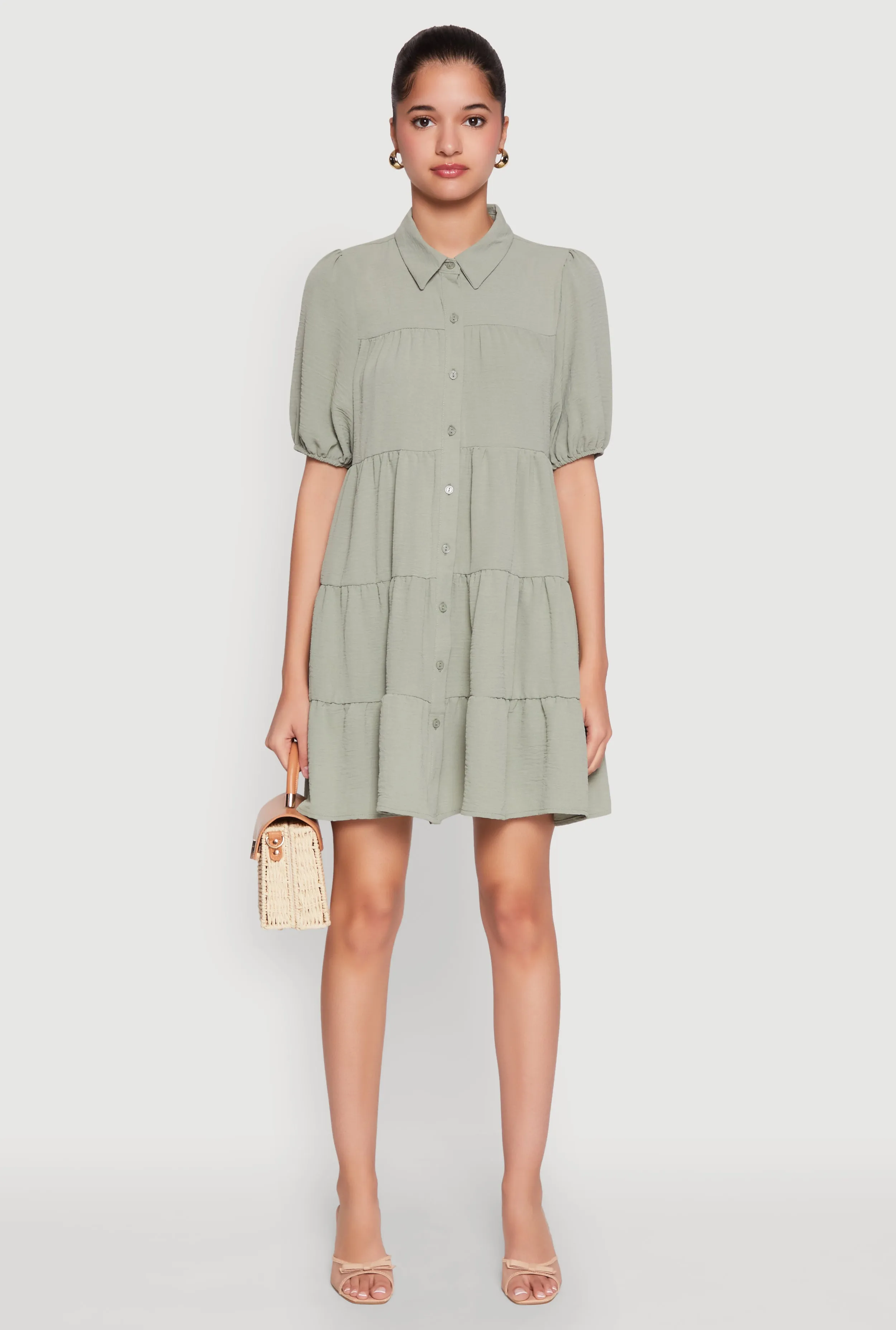 Airy Button Front Tiered Mini Dress sold by Rainbow