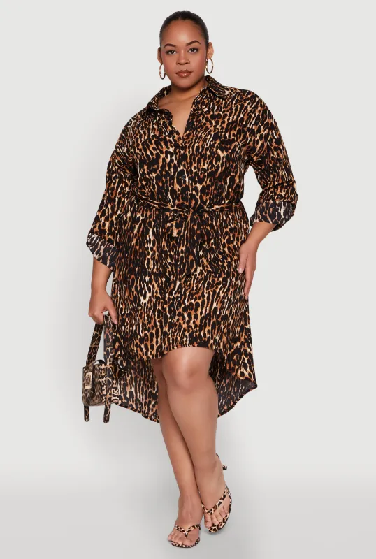 Plus Size Leopard Print Tie Waist High Low Shirt Dress sold by Rainbow