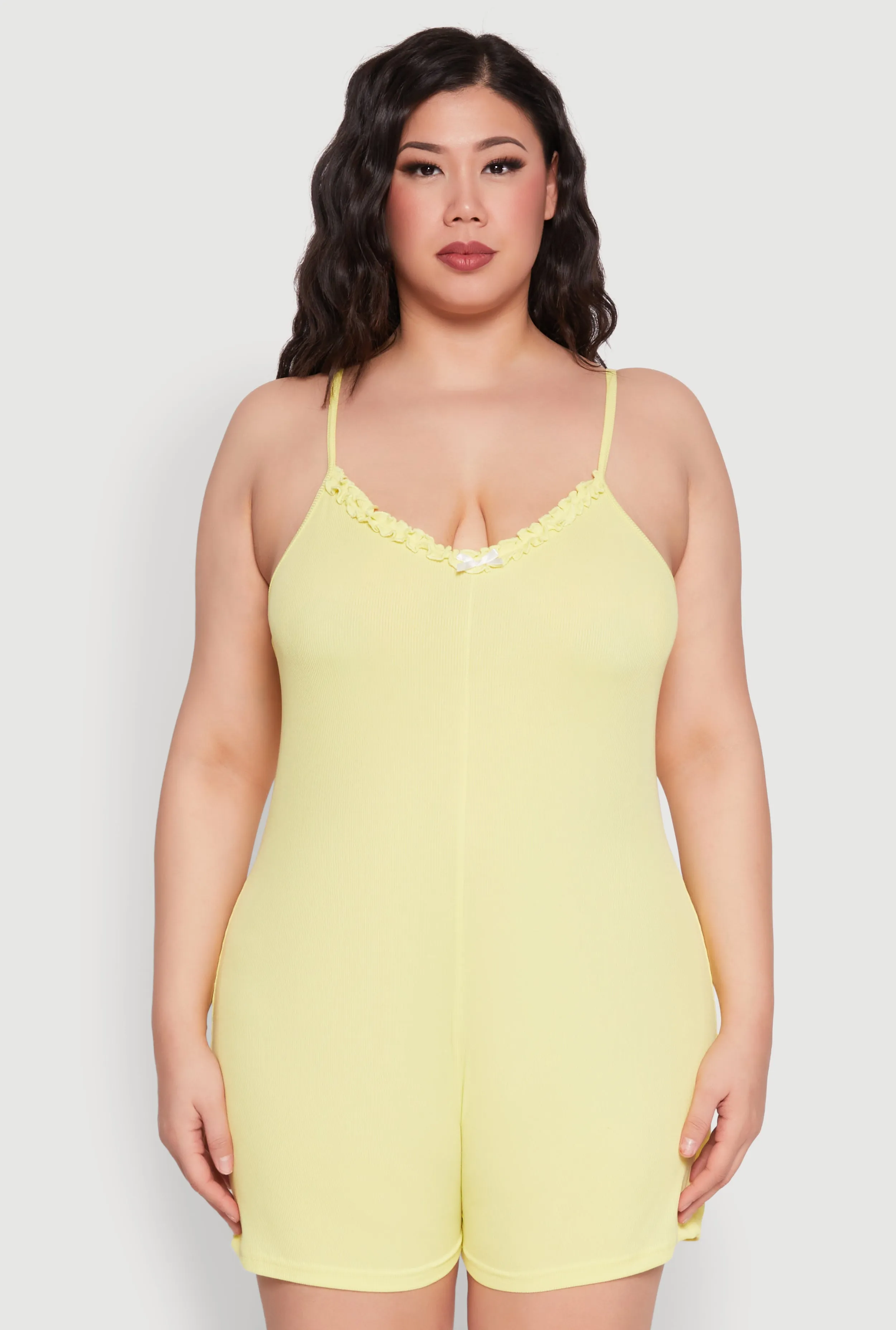 Plus Size Ribbed Knit Ruffle Cami Pajama Romper sold by Rainbow product image thumbnail 2