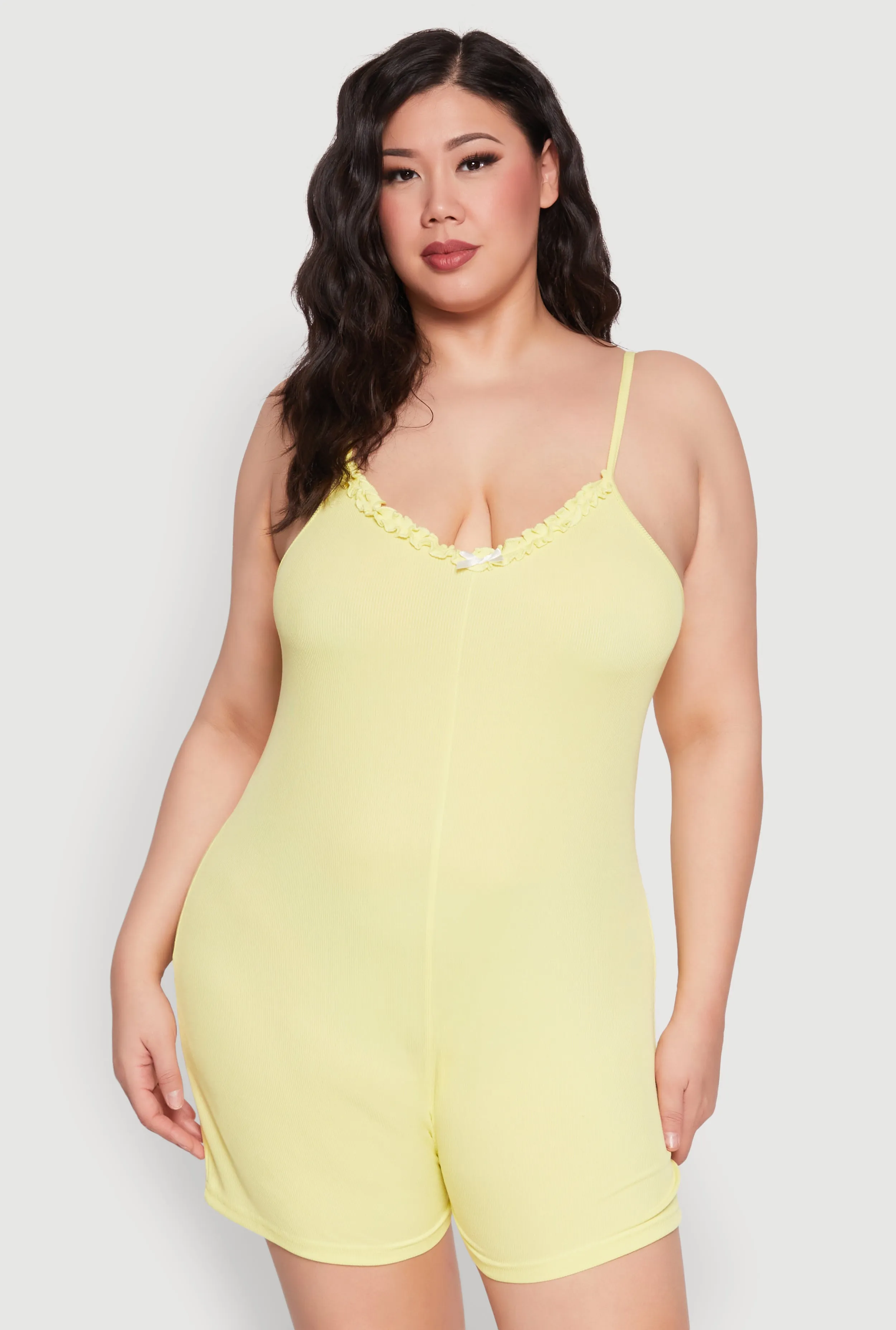 Plus Size Ribbed Knit Ruffle Cami Pajama Romper sold by Rainbow