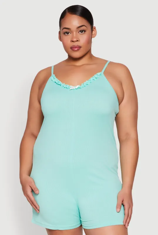 Plus Size Ribbed Knit Ruffle Cami Pajama Romper sold by Rainbow