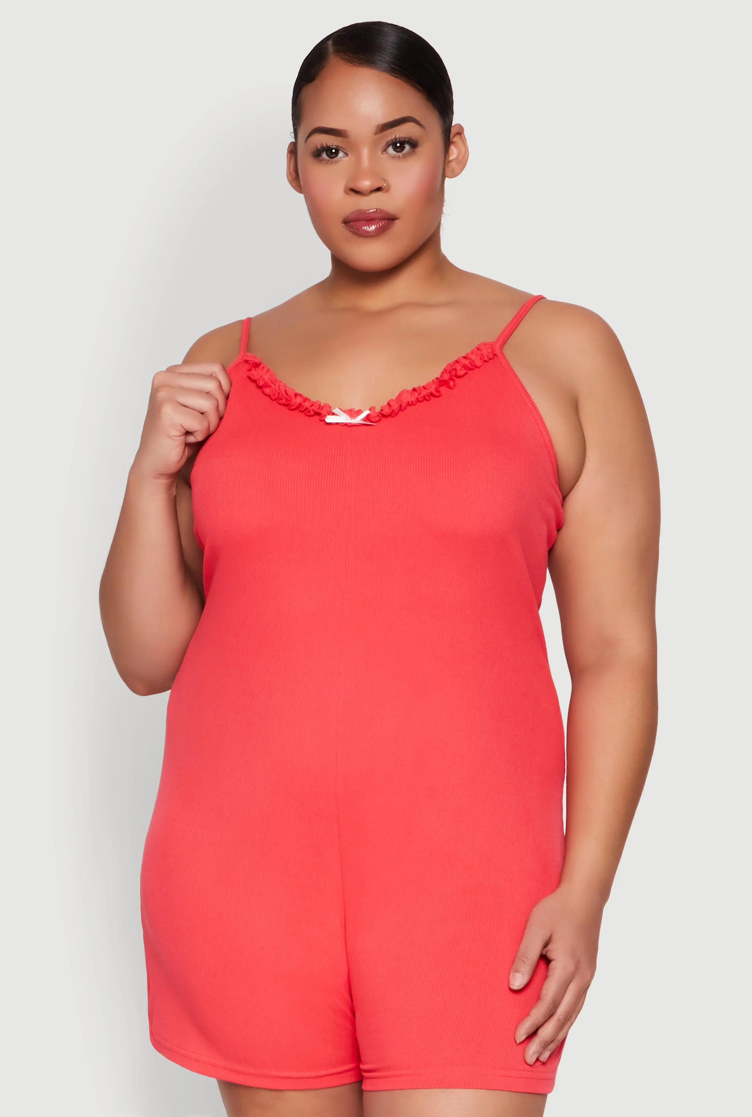 Plus Size Ribbed Knit Ruffle Cami Pajama Romper sold by Rainbow