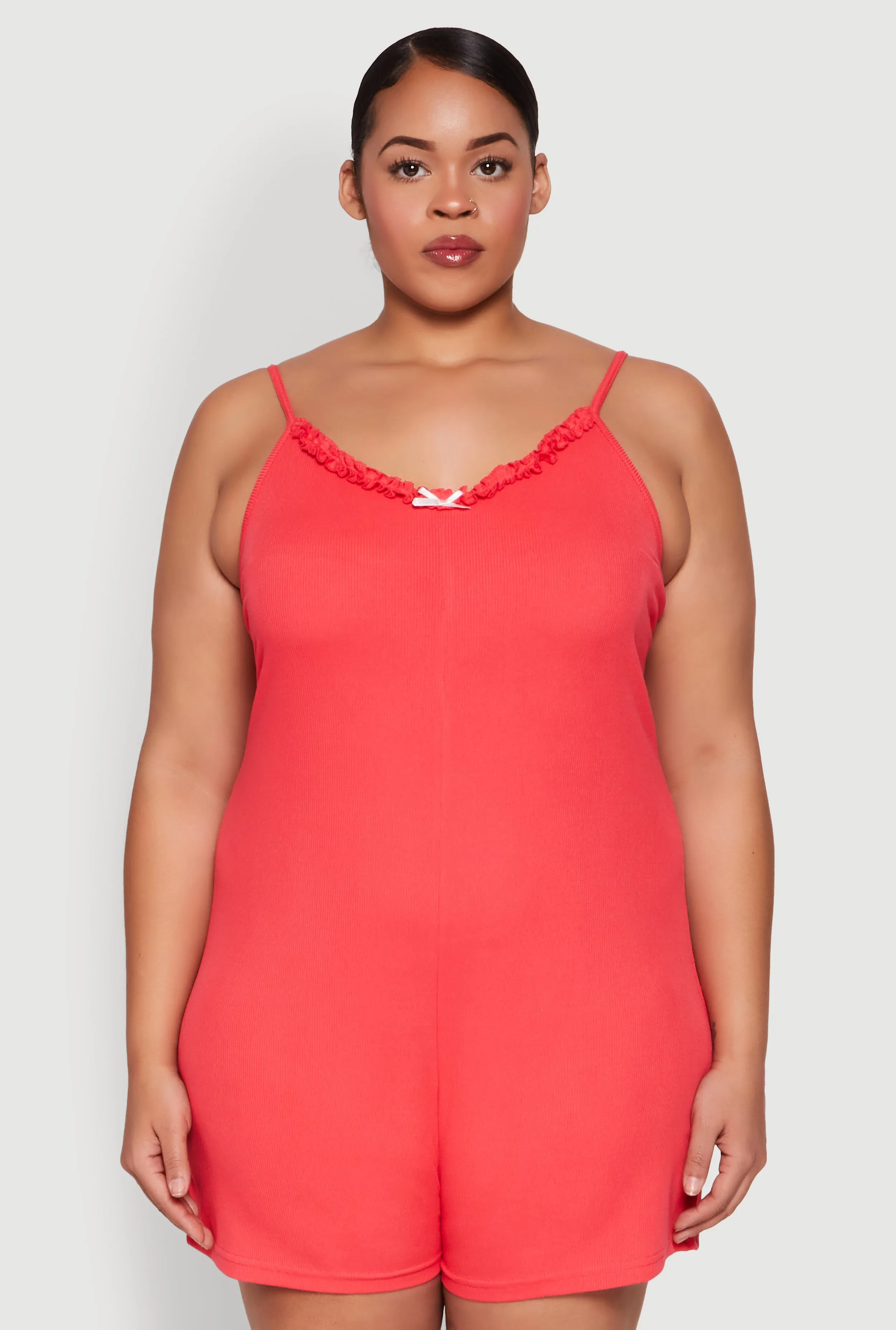 Plus Size Ribbed Knit Ruffle Cami Pajama Romper sold by Rainbow product image thumbnail 2