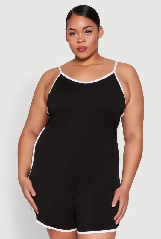 Plus Size Contrast Trim Cami Pajama Romper sold by Rainbow