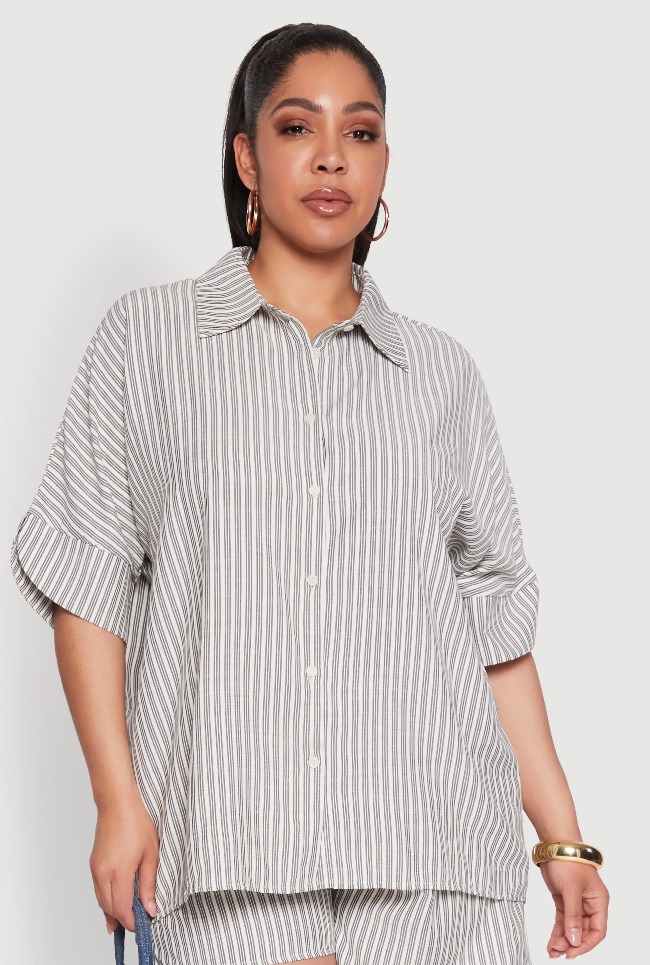 Plus Size Striped Button Front Shirt sold by Rainbow