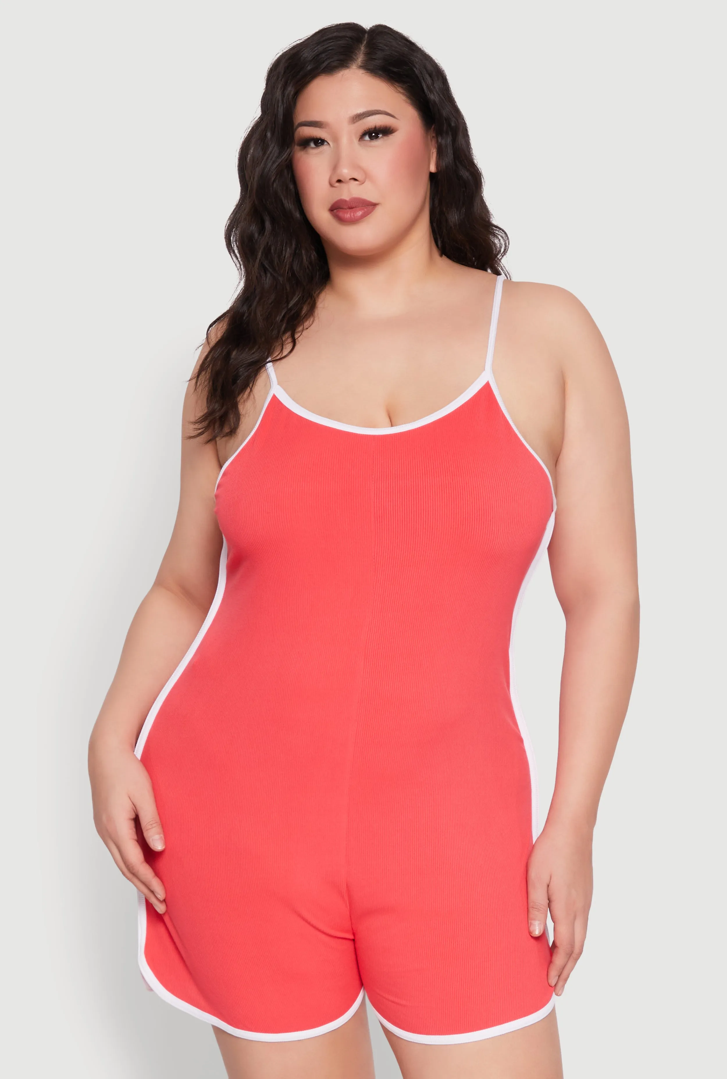 Plus Size Contrast Trim Cami Pajama Romper sold by Rainbow